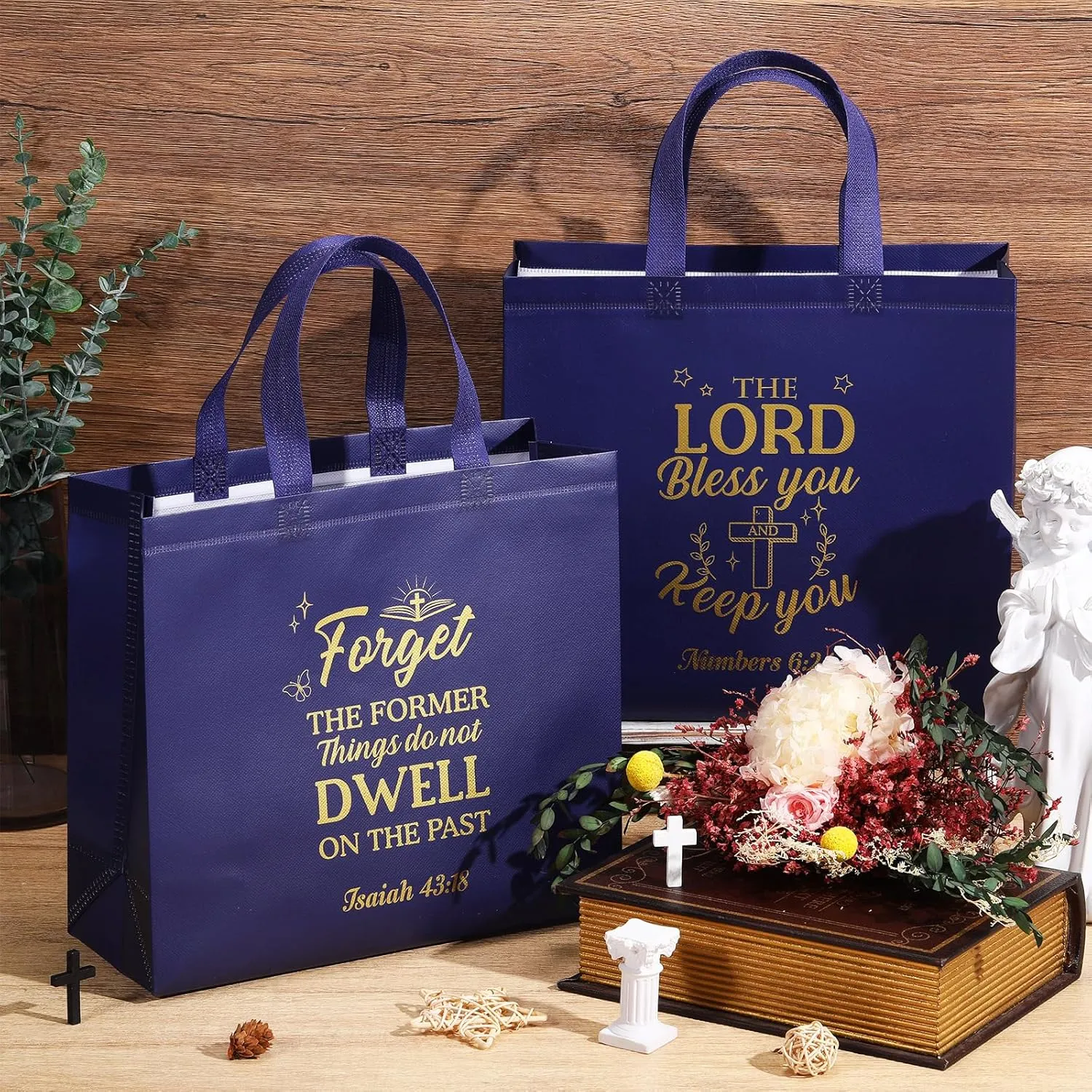 Talltalk 50 Pcs Christian Gift Bag Bulk Reusable Bible Verse Tote Religious Church Bags for Fathers Day Sunday School Gift(Dark Blue,Large)