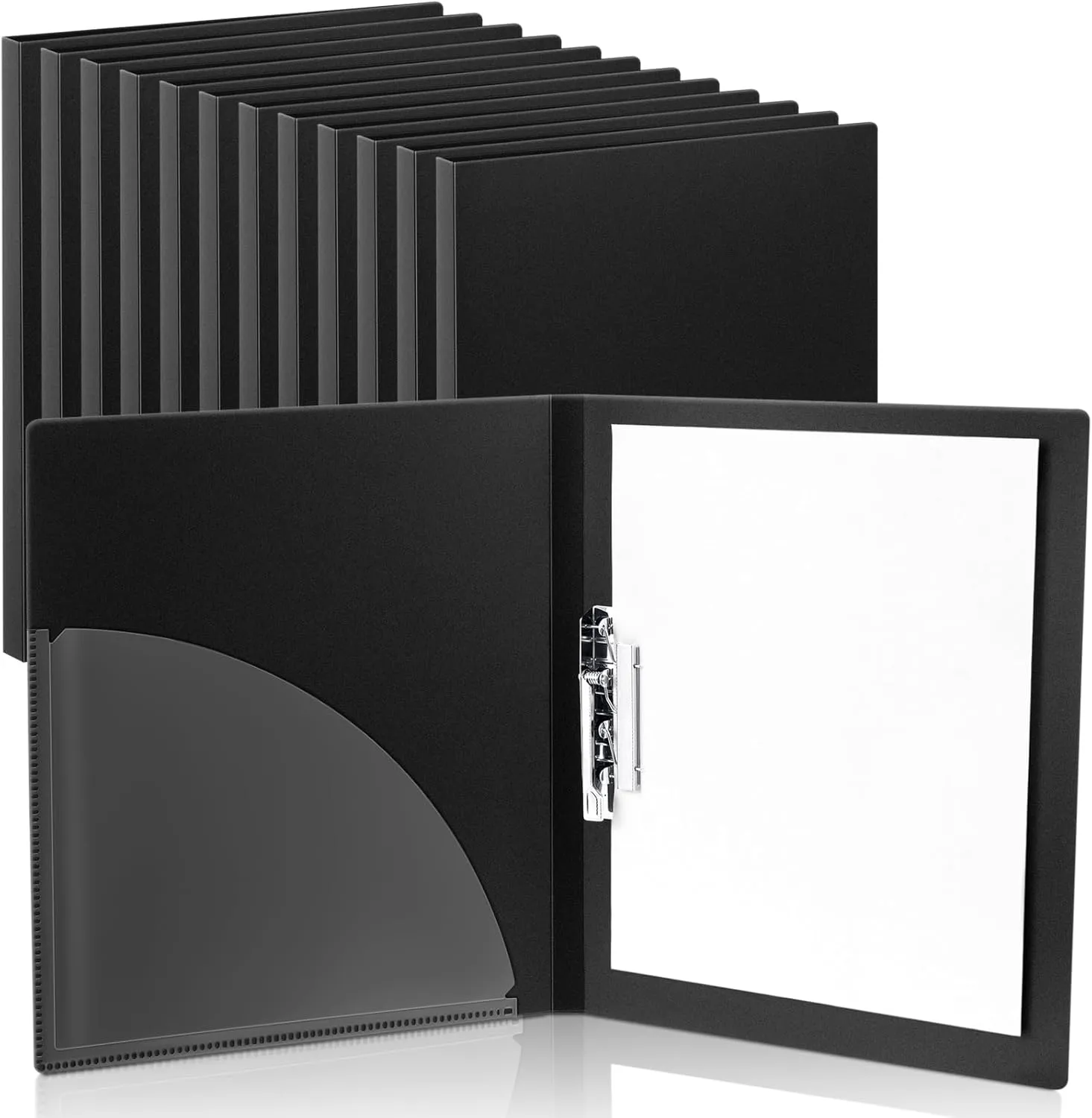 Teling 12 Pack Punchless Clamp Binder Folder 8.5 x 11 Inch Ringless Binder Holds with Pocket, Flexible Metal Clip and Poly Covers, 100 Letter Size Pages, for Work, School(Black)