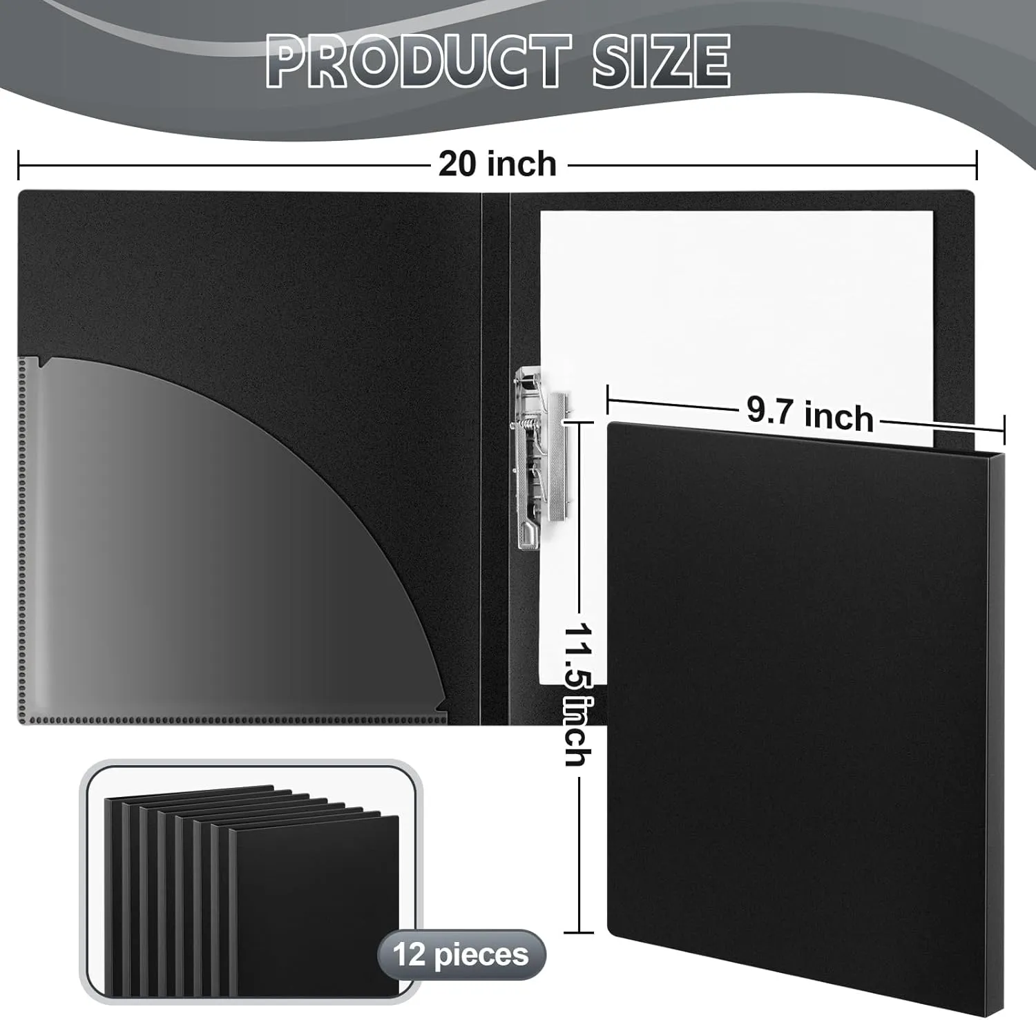 Teling 12 Pack Punchless Clamp Binder Folder 8.5 x 11 Inch Ringless Binder Holds with Pocket, Flexible Metal Clip and Poly Covers, 100 Letter Size Pages, for Work, School(Black)
