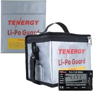Tenergy 5-in-1 Intelligent Digital Cell Meter Battery Checker and Fire Retardant Lipo Bags for Charging and Storage