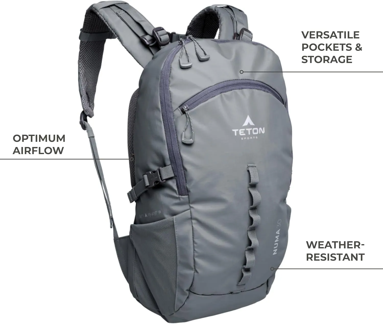 TETON Sports Numa backpack, sleek design, durable and ready for hiking, camping or backpacking. Lightweight with more room than you think. Perfect bugout bag. 30L, Granite