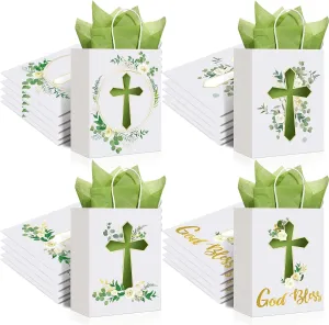 Thenshop 24 Pack Christian Gift Bags with Tissue Paper Baptism First Communion Party Supplies Christening Religious Gifts Bag with Handle for First Communion Baptism Church Party Favor(Green)