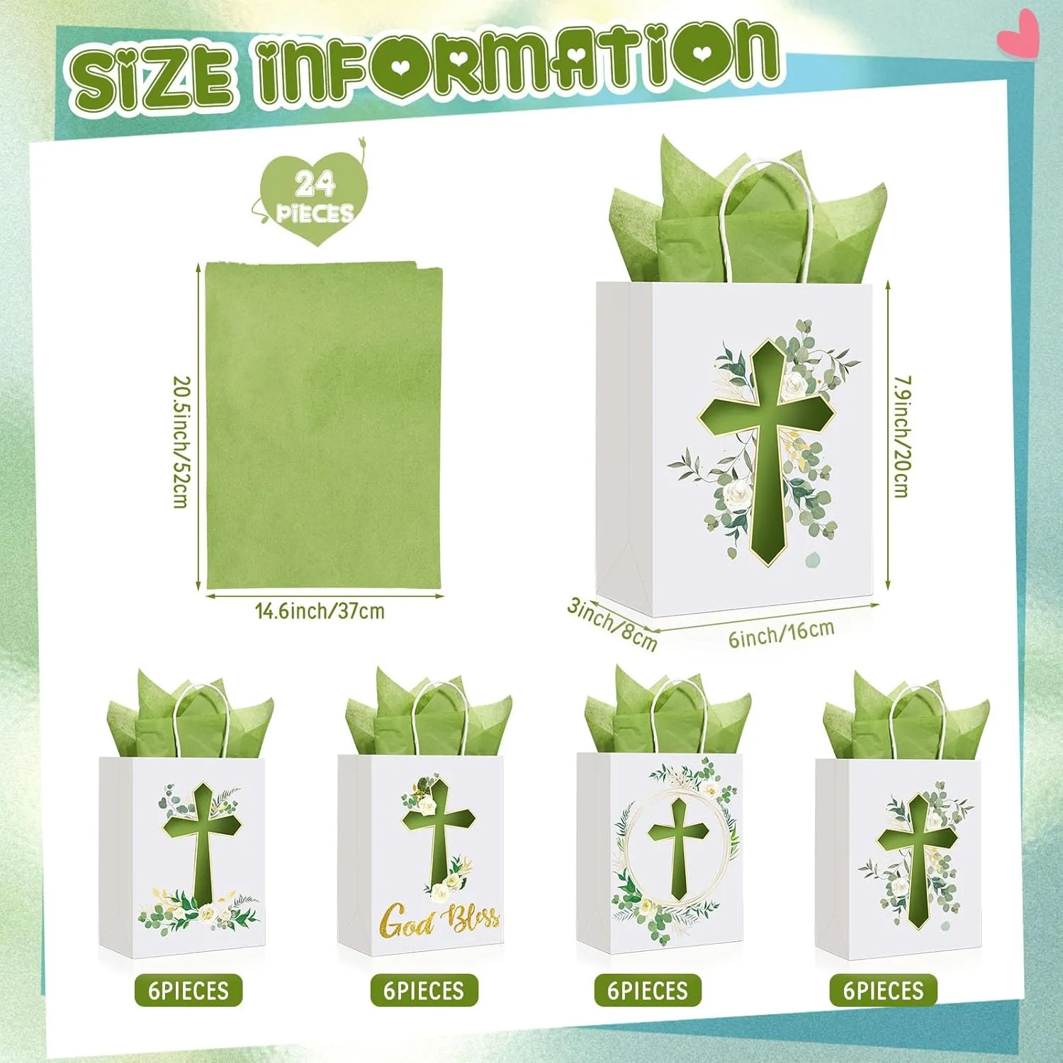 Thenshop 24 Pack Christian Gift Bags with Tissue Paper Baptism First Communion Party Supplies Christening Religious Gifts Bag with Handle for First Communion Baptism Church Party Favor(Green)