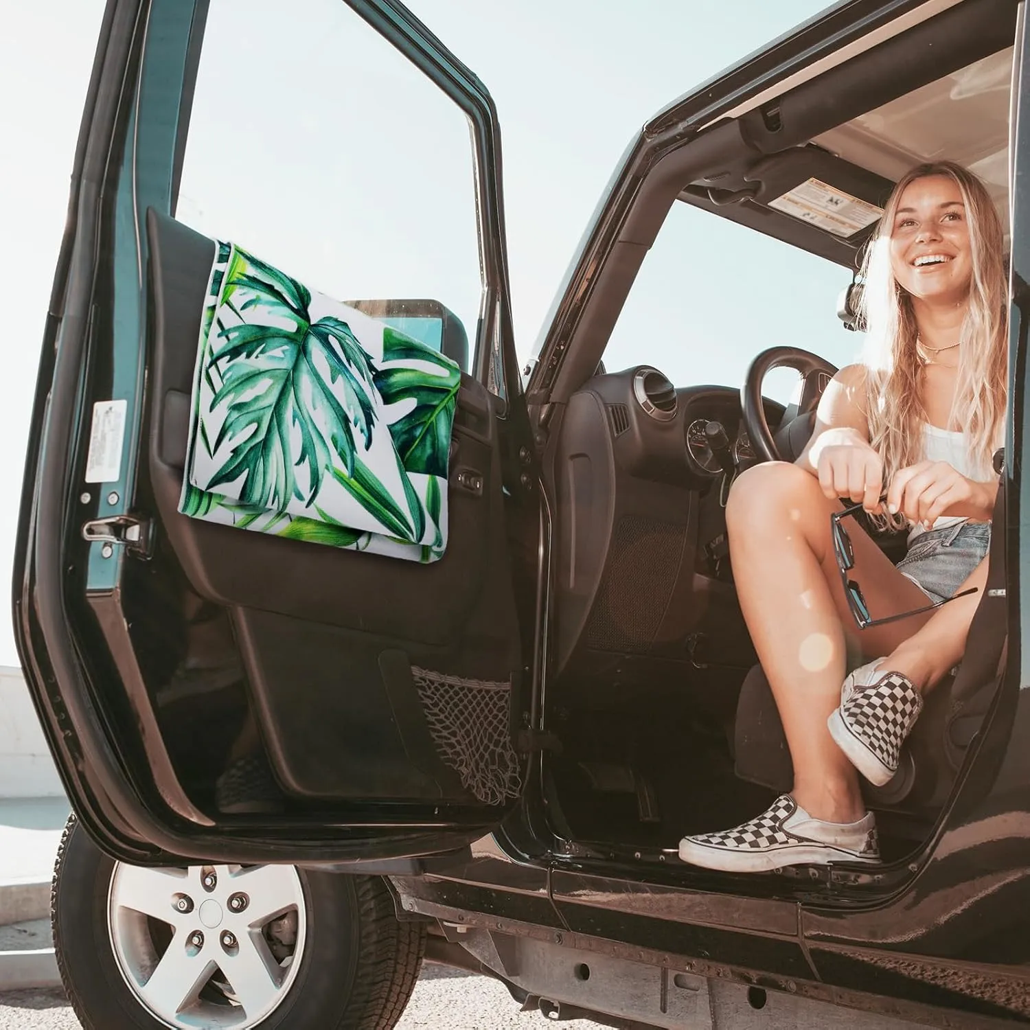 Tranqun 2 Pack Monstera Tropical Plants Car Seat Towel Covers with Storage Bag Seat Post Workout Sweat Washable Cover Non Slip Car Towel for Dog Pet Workout Outdoor Sport Activities