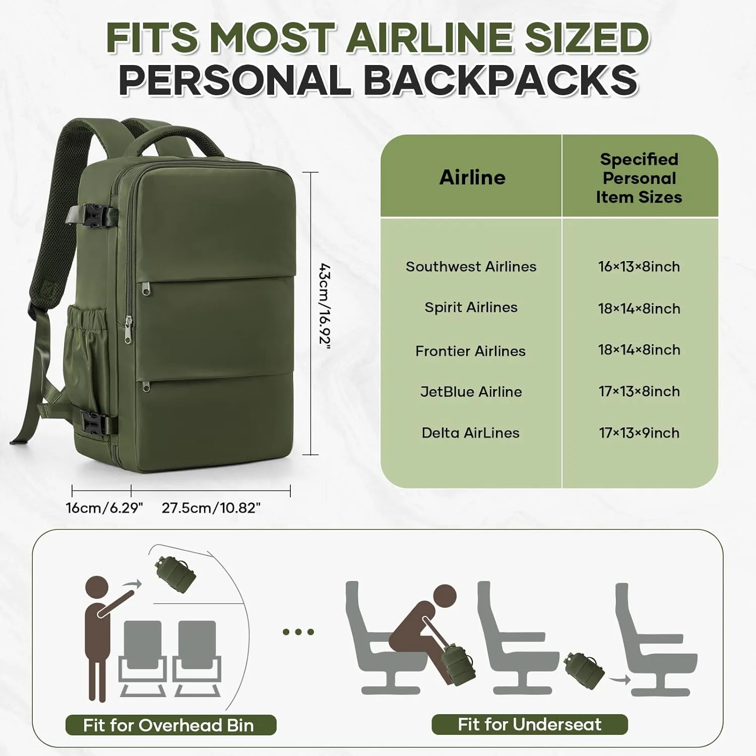 Travel Backpack For Women Men Carry on Backpack Luggage Flight Approved Personal item Travel Bag Essentials Mochila de viaje Laptop Backpack Olive Green