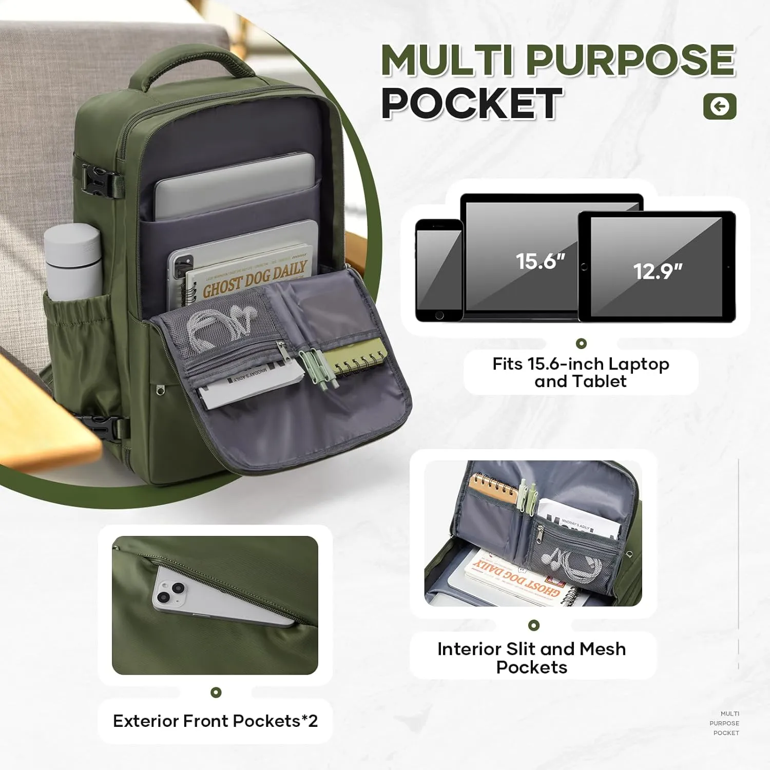 Travel Backpack For Women Men Carry on Backpack Luggage Flight Approved Personal item Travel Bag Essentials Mochila de viaje Laptop Backpack Olive Green