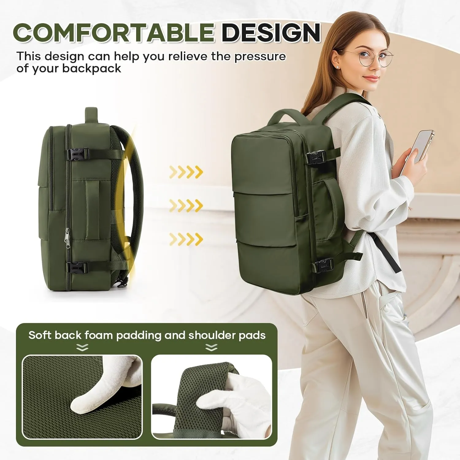 Travel Backpack For Women Men Carry on Backpack Luggage Flight Approved Personal item Travel Bag Essentials Mochila de viaje Laptop Backpack Olive Green