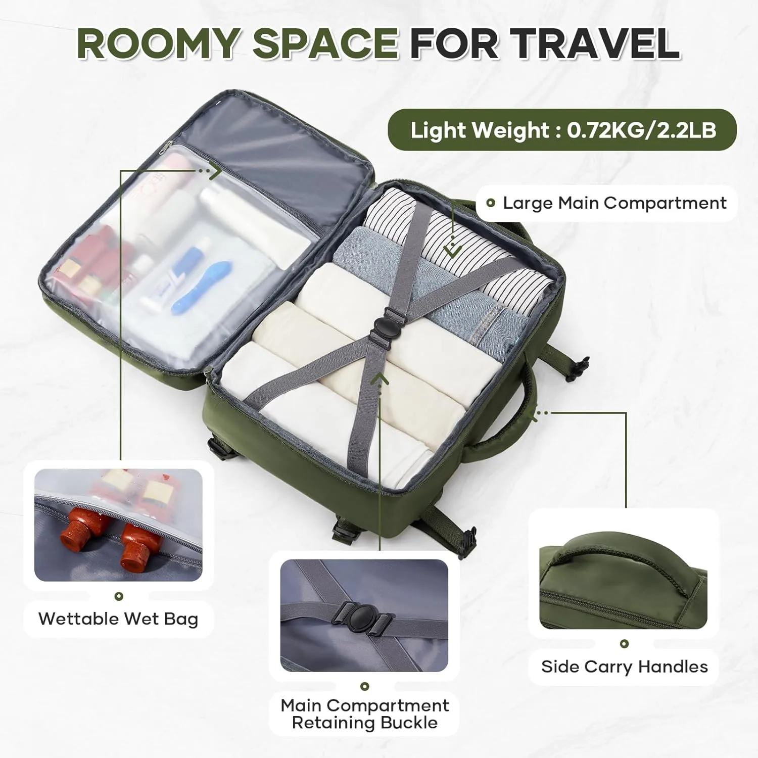 Travel Backpack For Women Men Carry on Backpack Luggage Flight Approved Personal item Travel Bag Essentials Mochila de viaje Laptop Backpack Olive Green