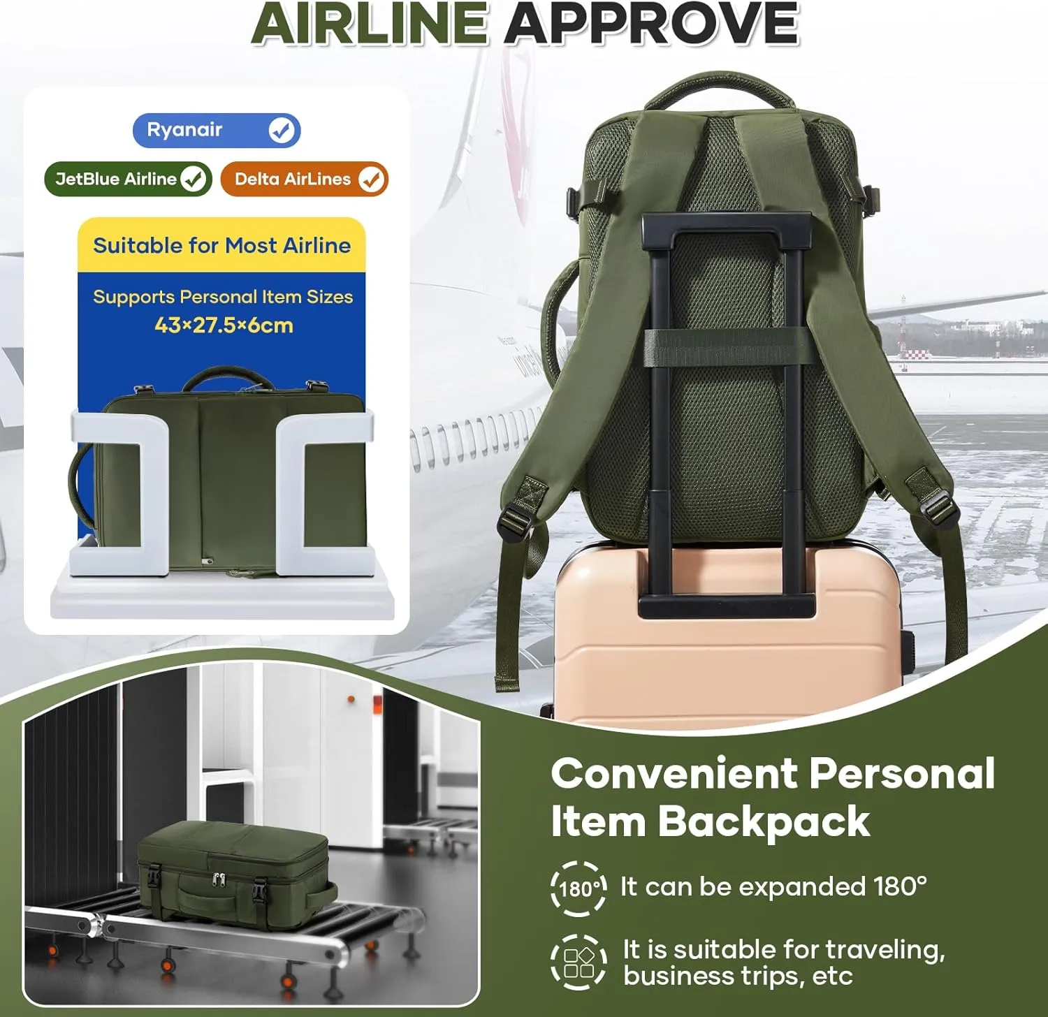 Travel Backpack For Women Men Carry on Backpack Luggage Flight Approved Personal item Travel Bag Essentials Mochila de viaje Laptop Backpack Olive Green
