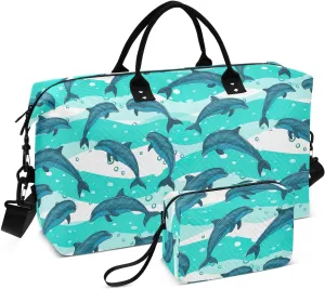 Travel Bag Sports Gym Tote Bag Waterproof Overnight Weekender Bags with Toiletry Bag for Airplane Traveling Yoga Flock Dolphins Sea Marine Pattern
