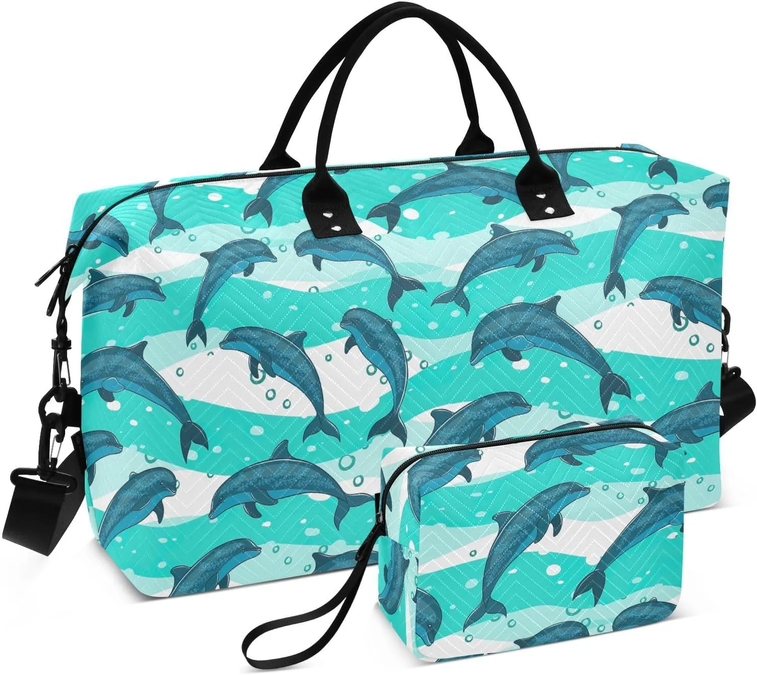 Travel Bag Sports Gym Tote Bag Waterproof Overnight Weekender Bags with Toiletry Bag for Airplane Traveling Yoga Flock Dolphins Sea Marine Pattern