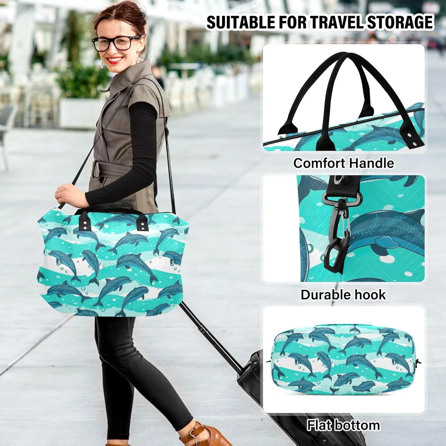 Travel Bag Sports Gym Tote Bag Waterproof Overnight Weekender Bags with Toiletry Bag for Airplane Traveling Yoga Flock Dolphins Sea Marine Pattern