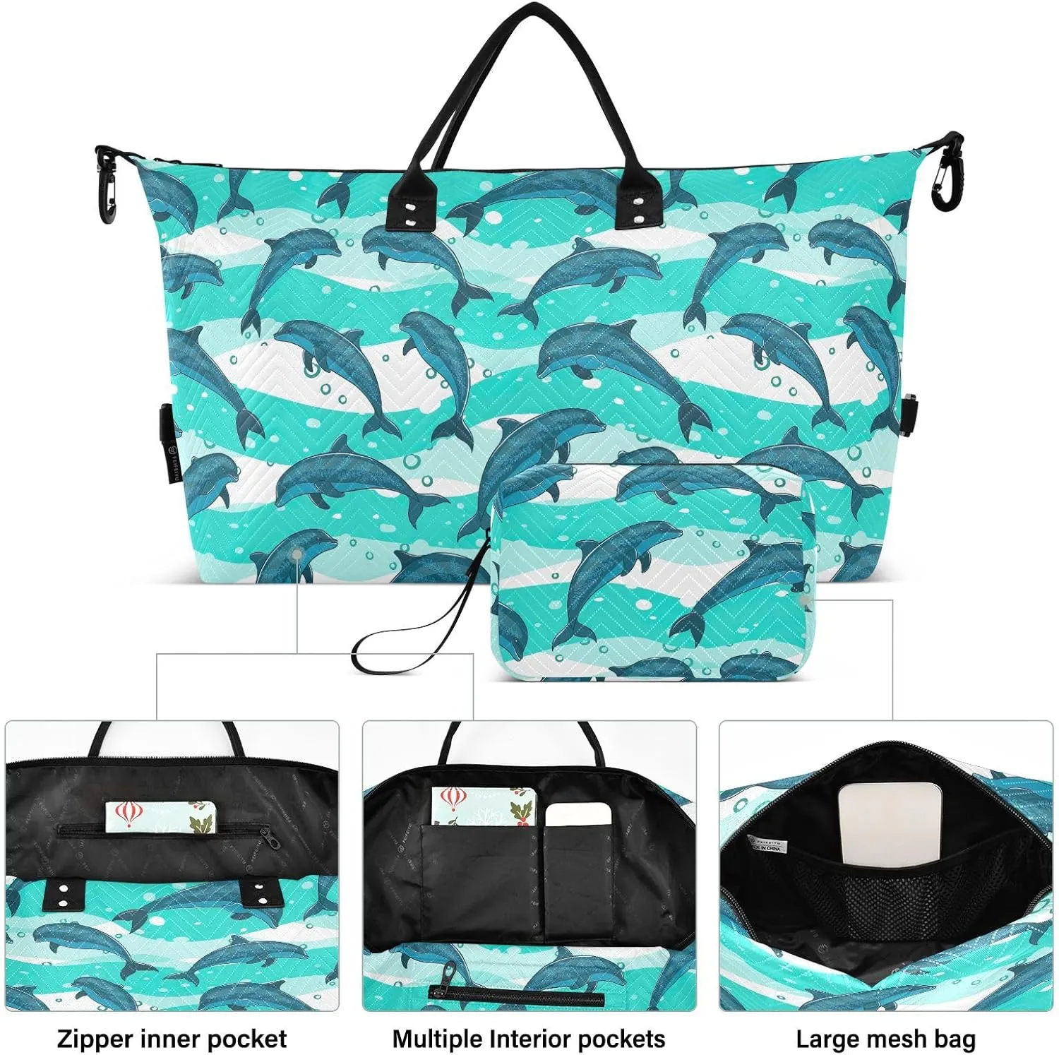 Travel Bag Sports Gym Tote Bag Waterproof Overnight Weekender Bags with Toiletry Bag for Airplane Traveling Yoga Flock Dolphins Sea Marine Pattern