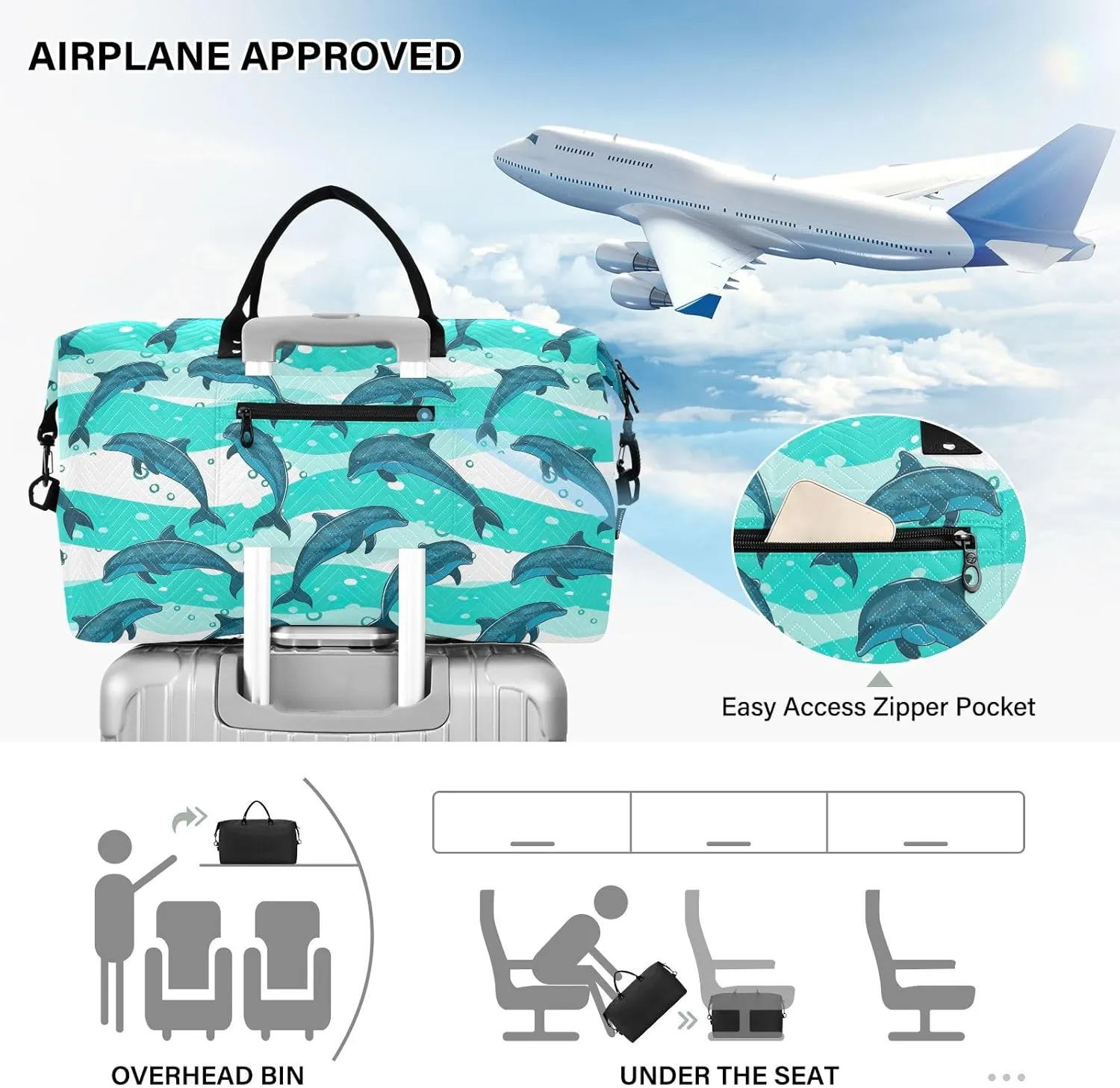 Travel Bag Sports Gym Tote Bag Waterproof Overnight Weekender Bags with Toiletry Bag for Airplane Traveling Yoga Flock Dolphins Sea Marine Pattern
