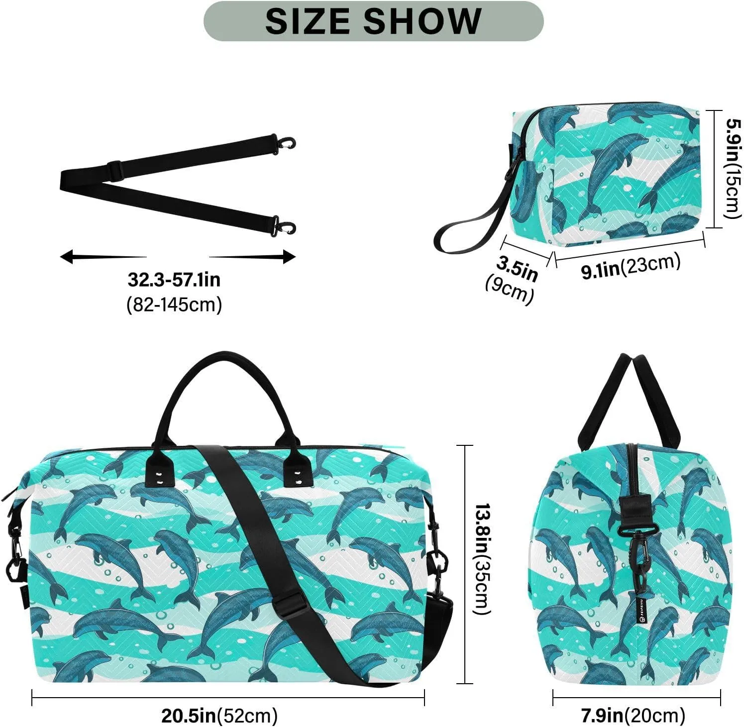 Travel Bag Sports Gym Tote Bag Waterproof Overnight Weekender Bags with Toiletry Bag for Airplane Traveling Yoga Flock Dolphins Sea Marine Pattern