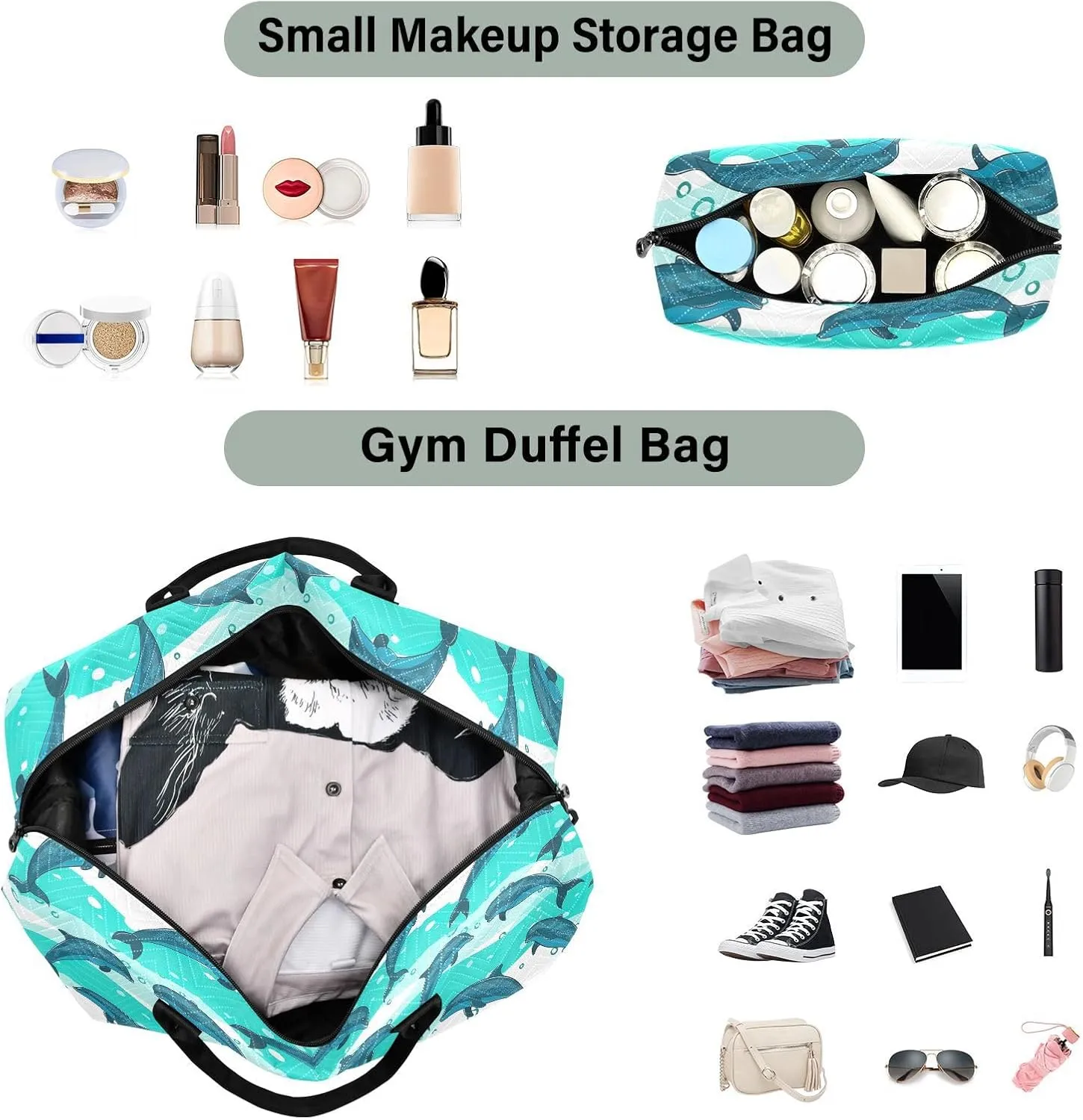 Travel Bag Sports Gym Tote Bag Waterproof Overnight Weekender Bags with Toiletry Bag for Airplane Traveling Yoga Flock Dolphins Sea Marine Pattern