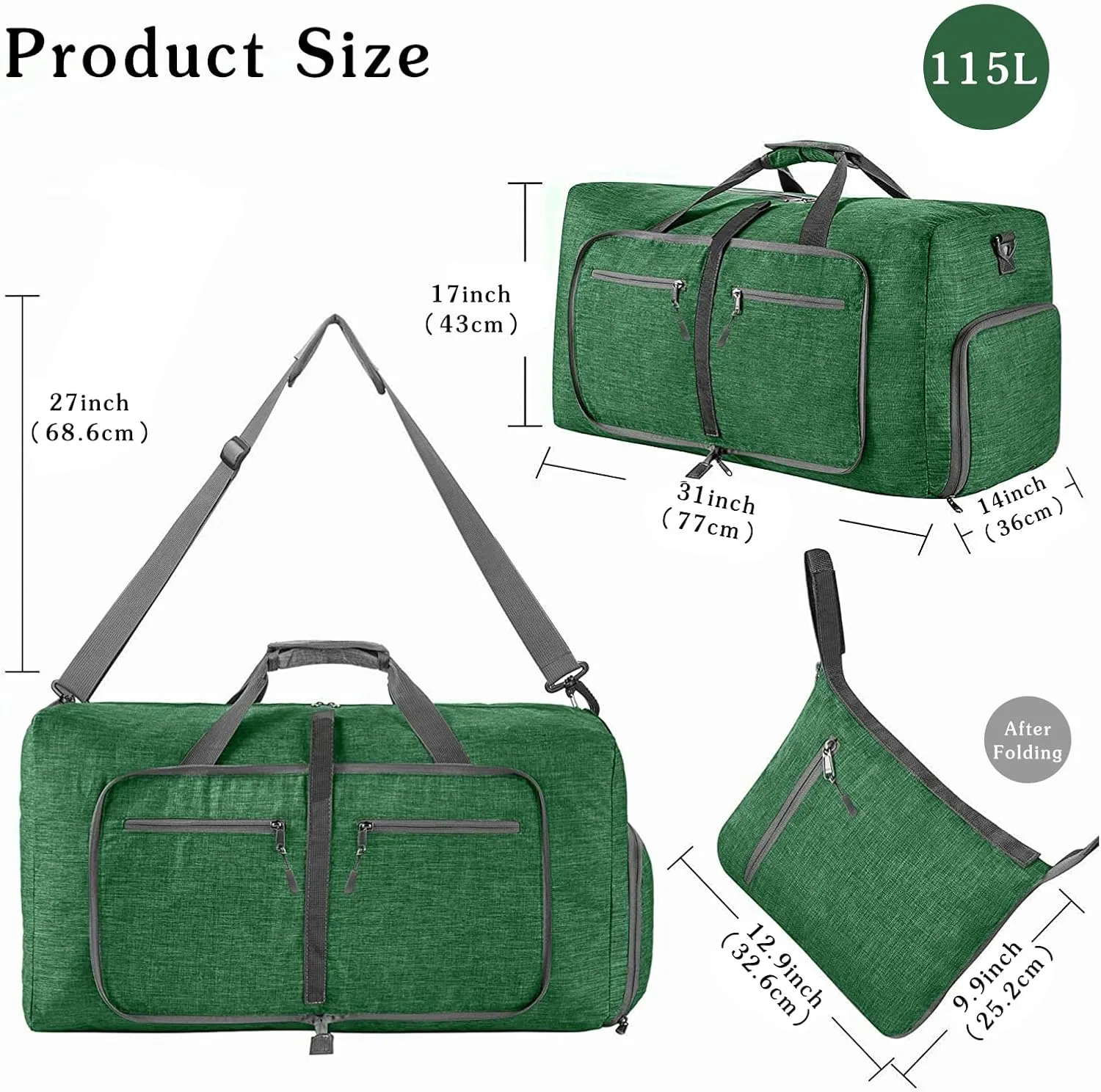 Travel Duffle Bag for Men/Women 115L Foldable Sport Duffel Bag Gym Tote Bag with Shoes Compartment Large Overnight Bag Weekend Shoulder Bag Carry On Luggage Hospital Bag Dark Green B