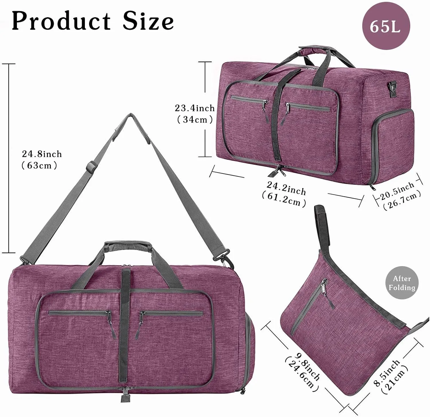 Travel Duffle Bag for Men/Women 65L Foldable Sport Duffel Bag Gym Tote Bag with Shoes Compartment Large Overnight Bag Weekend Shoulder Bag Lightweight Carry On Luggage Hospital Bag Dark Purple