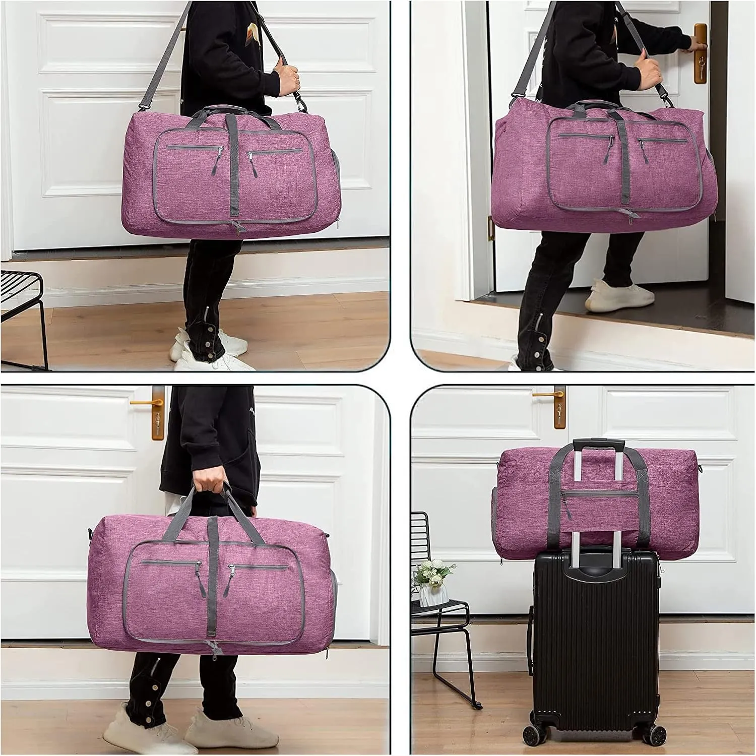 Travel Duffle Bag for Men/Women 65L Foldable Sport Duffel Bag Gym Tote Bag with Shoes Compartment Large Overnight Bag Weekend Shoulder Bag Lightweight Carry On Luggage Hospital Bag Dark Purple