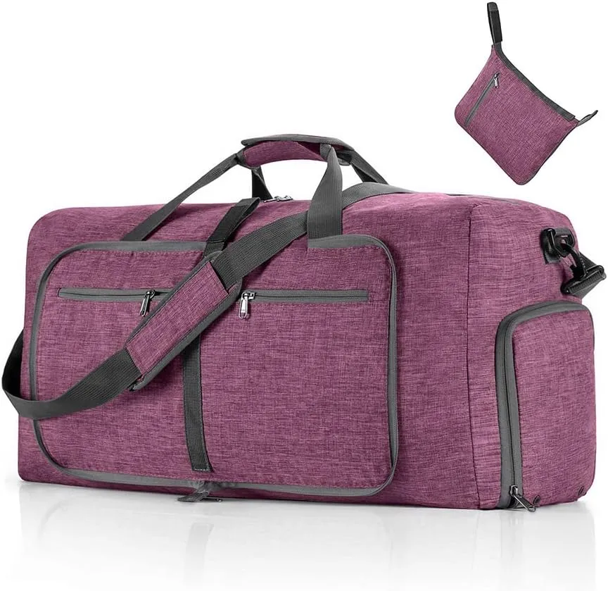 Travel Duffle Bag for Men/Women 65L Foldable Sport Duffel Bag Gym Tote Bag with Shoes Compartment Large Overnight Bag Weekend Shoulder Bag Lightweight Carry On Luggage Hospital Bag Dark Purple