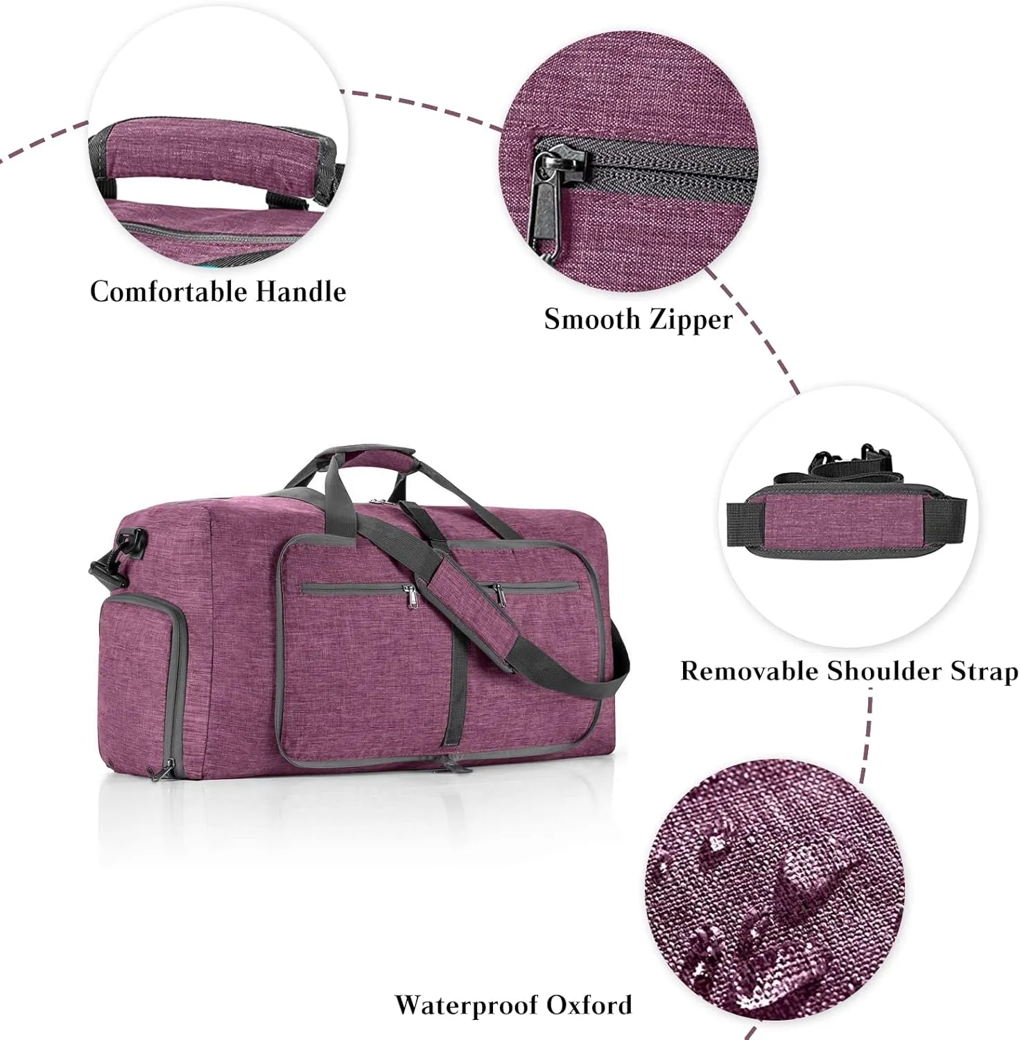Travel Duffle Bag for Men/Women 65L Foldable Sport Duffel Bag Gym Tote Bag with Shoes Compartment Large Overnight Bag Weekend Shoulder Bag Lightweight Carry On Luggage Hospital Bag Dark Purple
