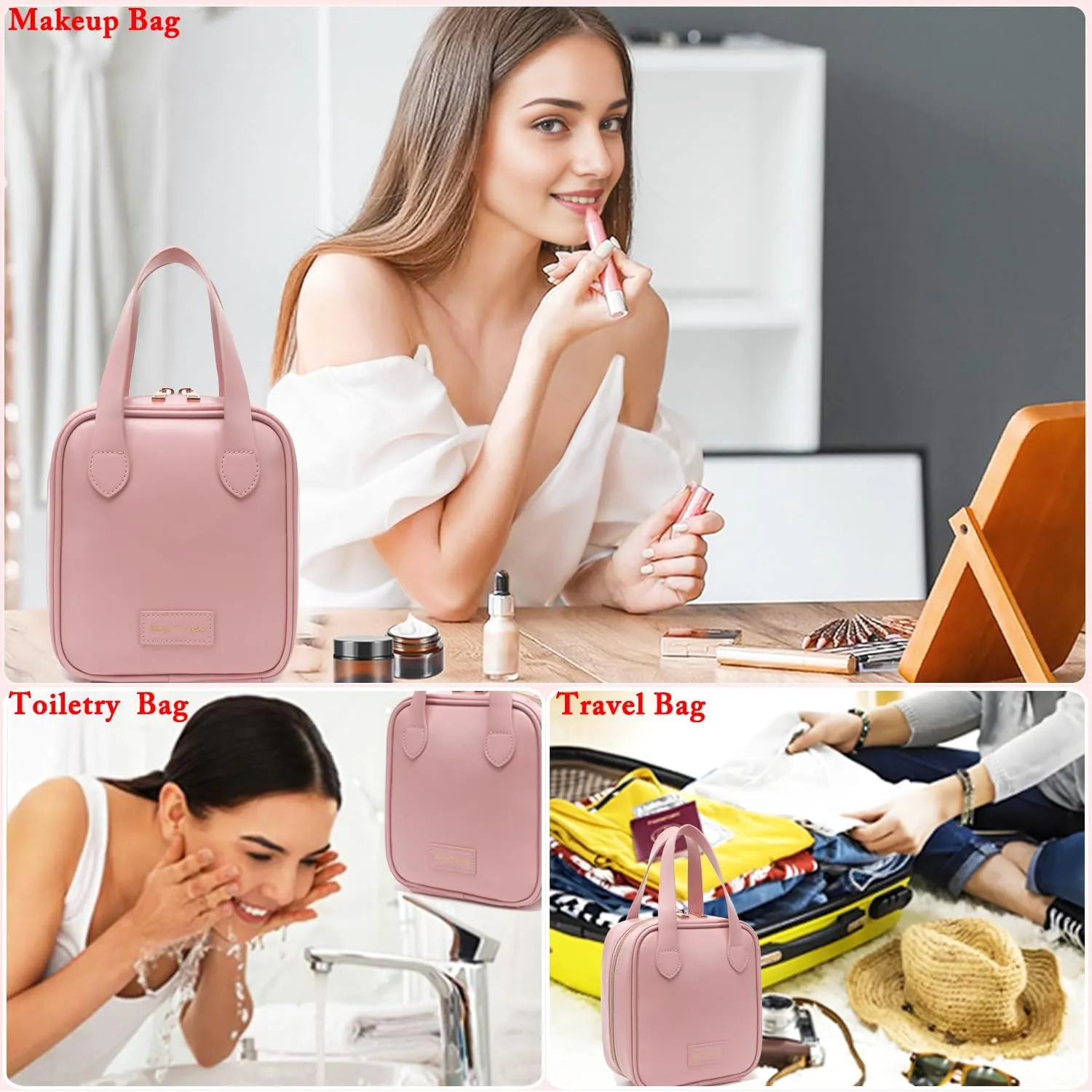 Travel Makeup Bag, Large Flat-Open Cosmetic Bag Make Up Organizer Case for Women, Waterproof PU Leather Toiletry Bag with Brush Compartment Skincare Pouch for Toiletries Accessories