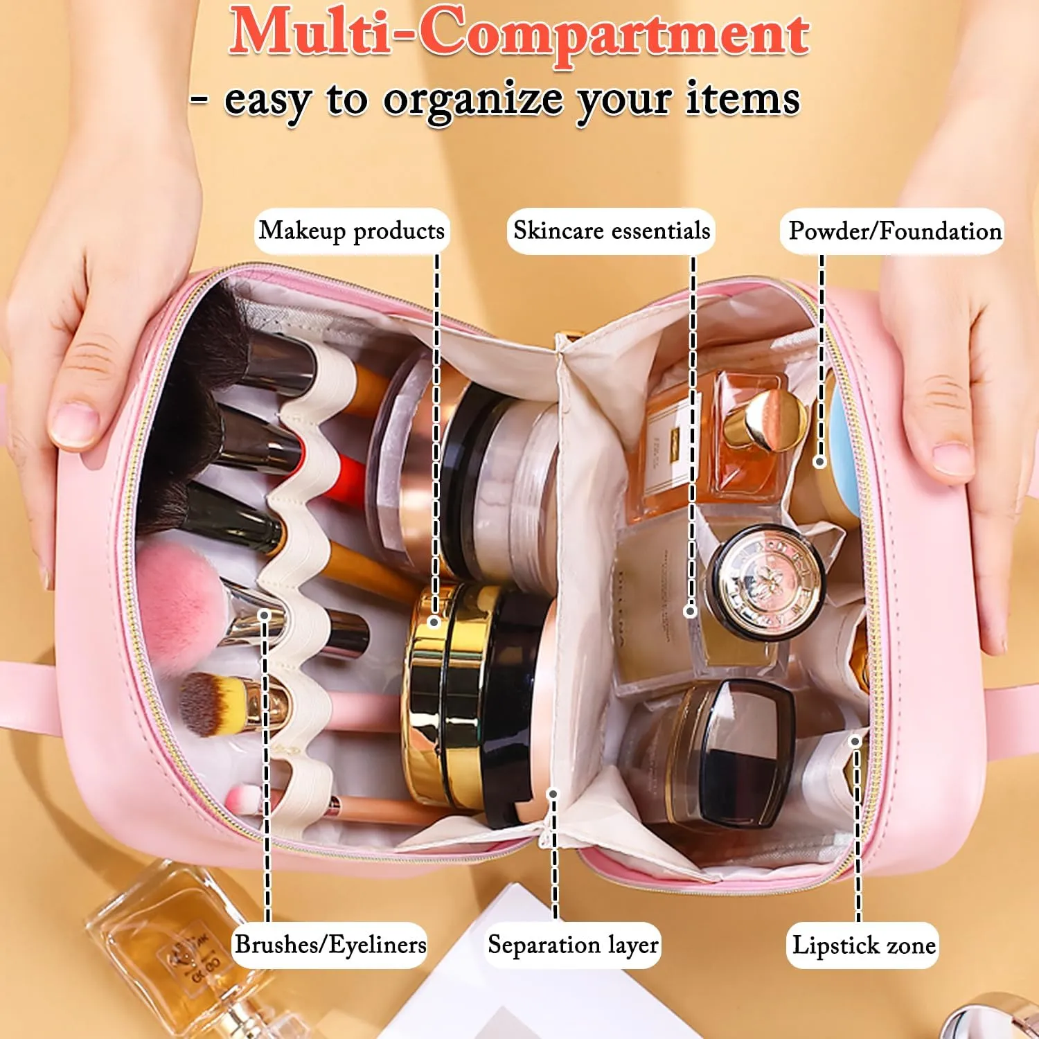 Travel Makeup Bag, Large Flat-Open Cosmetic Bag Make Up Organizer Case for Women, Waterproof PU Leather Toiletry Bag with Brush Compartment Skincare Pouch for Toiletries Accessories