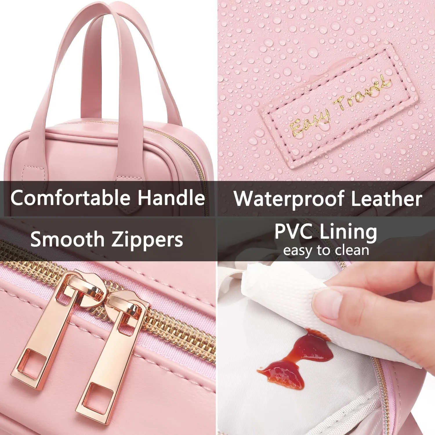 Travel Makeup Bag, Large Flat-Open Cosmetic Bag Make Up Organizer Case for Women, Waterproof PU Leather Toiletry Bag with Brush Compartment Skincare Pouch for Toiletries Accessories