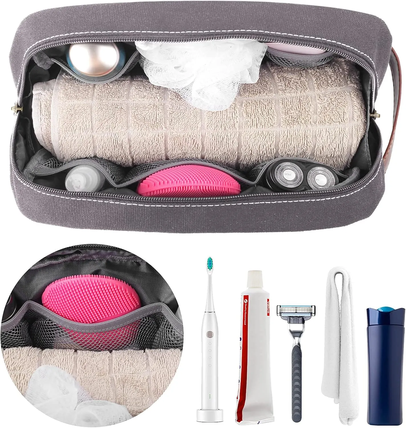 Travel Toiletry Bag for Men and Women, Canvas Toiletry Organizer Water-Resistant Vegan Leather, Hanging Dopp Kit Shaving Bag for Toiletries Accessories