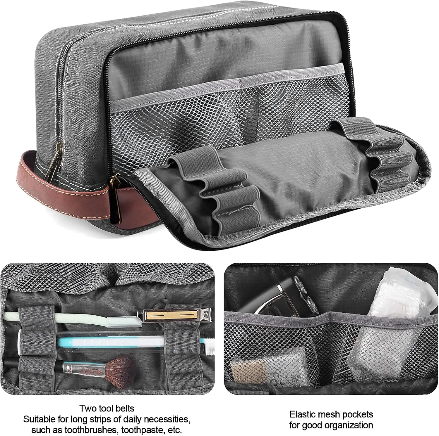 Travel Toiletry Bag for Men and Women, Canvas Toiletry Organizer Water-Resistant Vegan Leather, Hanging Dopp Kit Shaving Bag for Toiletries Accessories