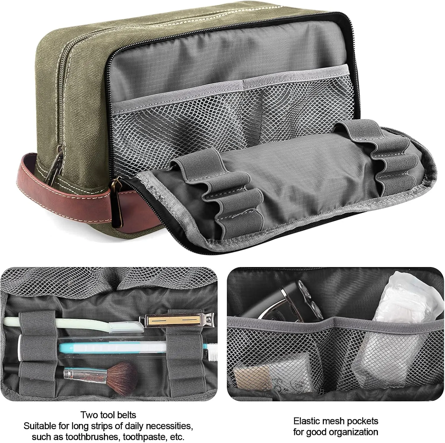 Travel Toiletry Bag for Men and Women, Canvas Toiletry Organizer Water-Resistant Vegan Leather, Hanging Dopp Kit Shaving Bag for Toiletries Accessories