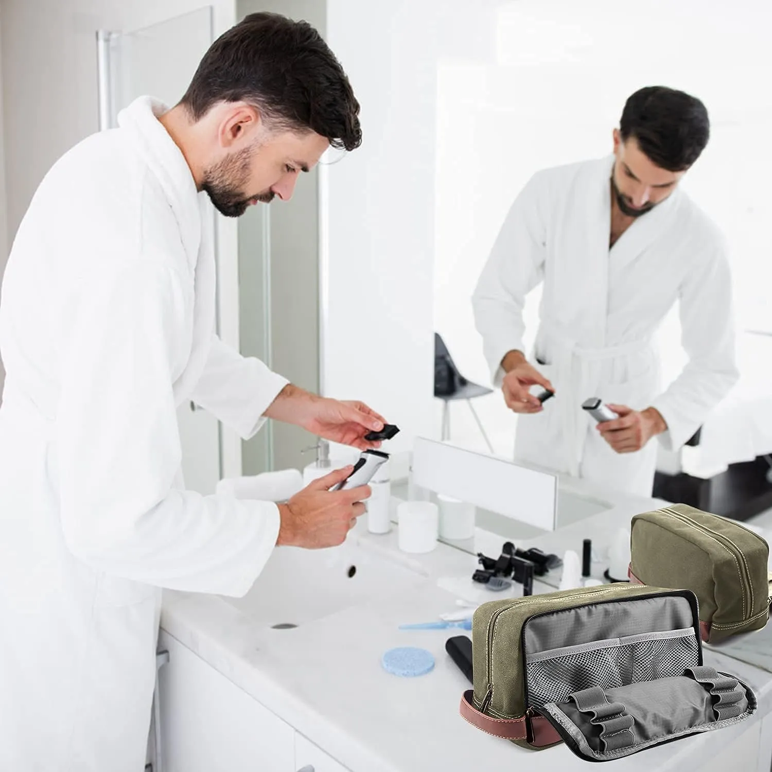 Travel Toiletry Bag for Men and Women, Canvas Toiletry Organizer Water-Resistant Vegan Leather, Hanging Dopp Kit Shaving Bag for Toiletries Accessories