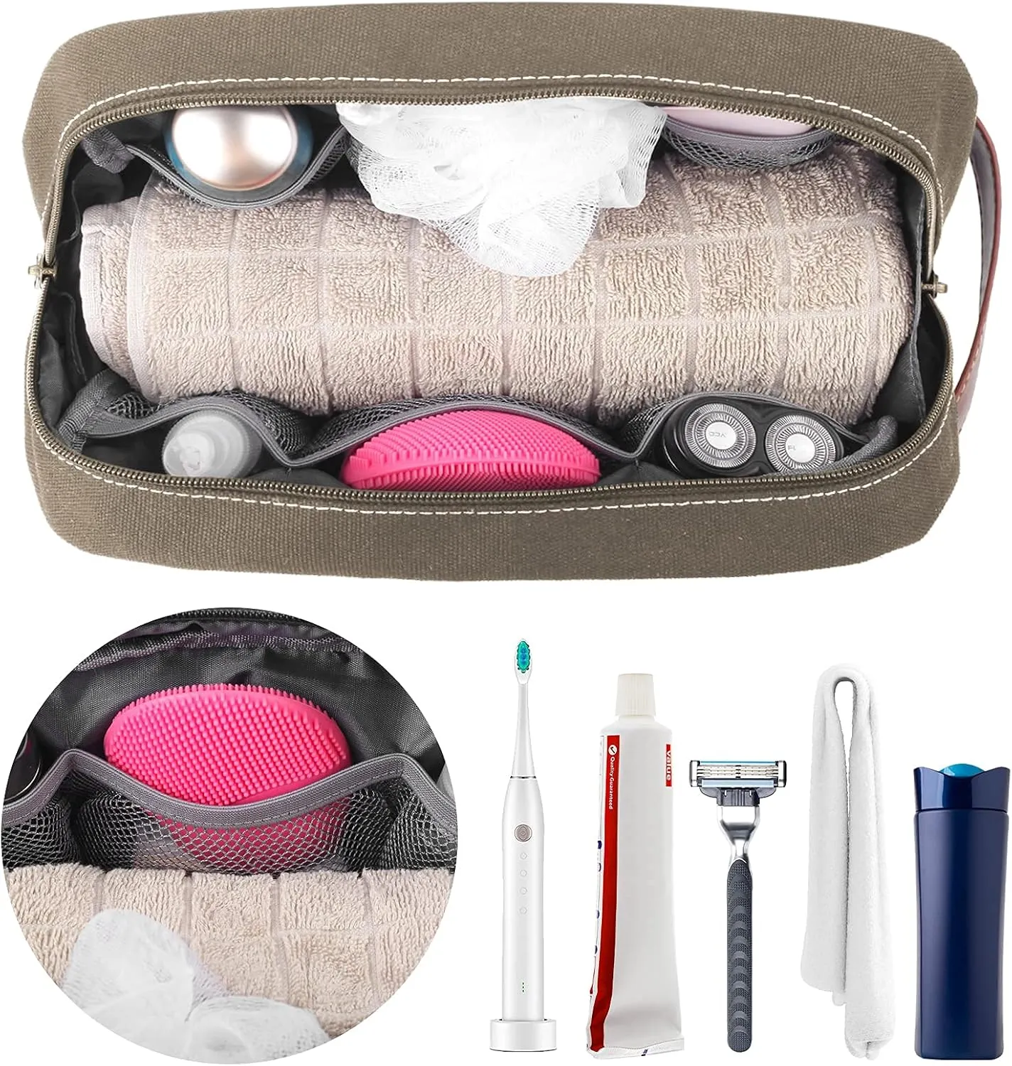 Travel Toiletry Bag for Men and Women, Canvas Toiletry Organizer Water-Resistant Vegan Leather, Hanging Dopp Kit Shaving Bag for Toiletries Accessories