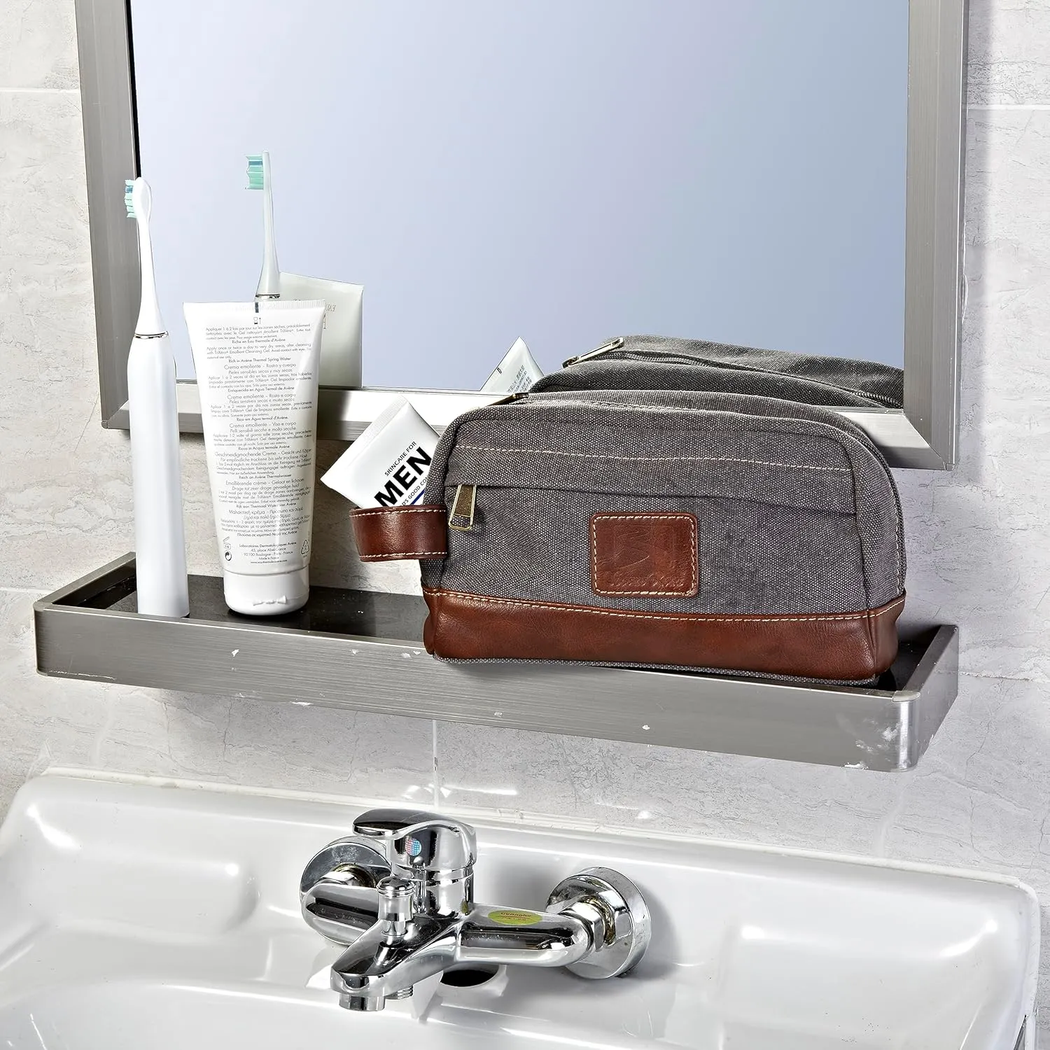 Travel Toiletry Bag for Men and Women, Canvas Toiletry Organizer Water-Resistant Vegan Leather, Hanging Dopp Kit Shaving Bag for Toiletries Accessories