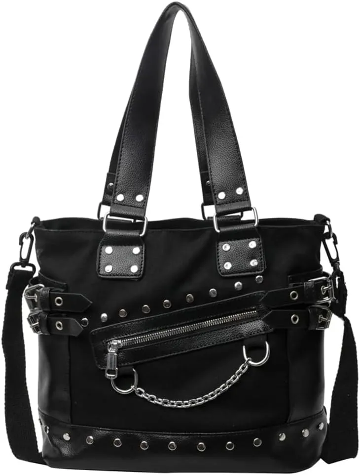 Trendy Canvas Goth Shoulder Bag for Women Large Y2k Rivet Tote Crossbody Purse Top Handle Satchels Punk Handbags