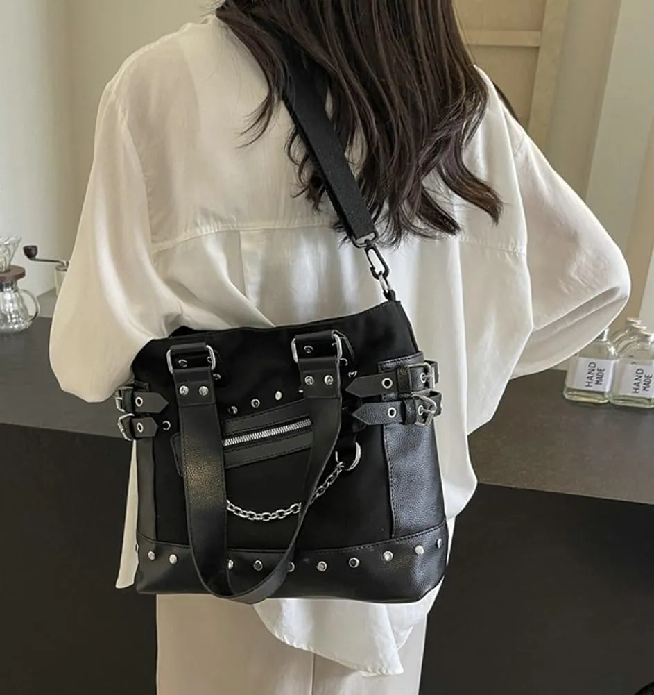Trendy Canvas Goth Shoulder Bag for Women Large Y2k Rivet Tote Crossbody Purse Top Handle Satchels Punk Handbags