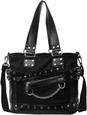 Trendy Canvas Goth Shoulder Bag for Women Large Y2k Rivet Tote Crossbody Purse Top Handle Satchels Punk Handbags