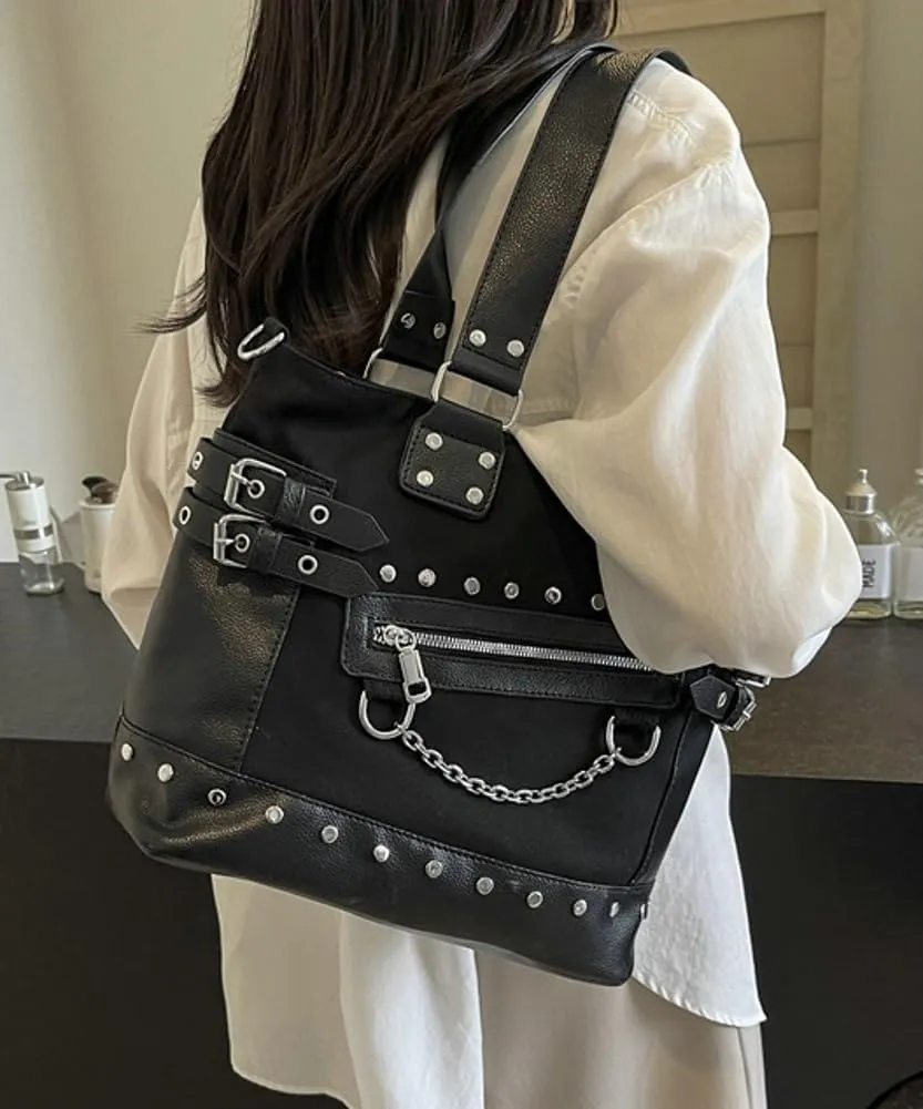 Trendy Canvas Goth Shoulder Bag for Women Large Y2k Rivet Tote Crossbody Purse Top Handle Satchels Punk Handbags