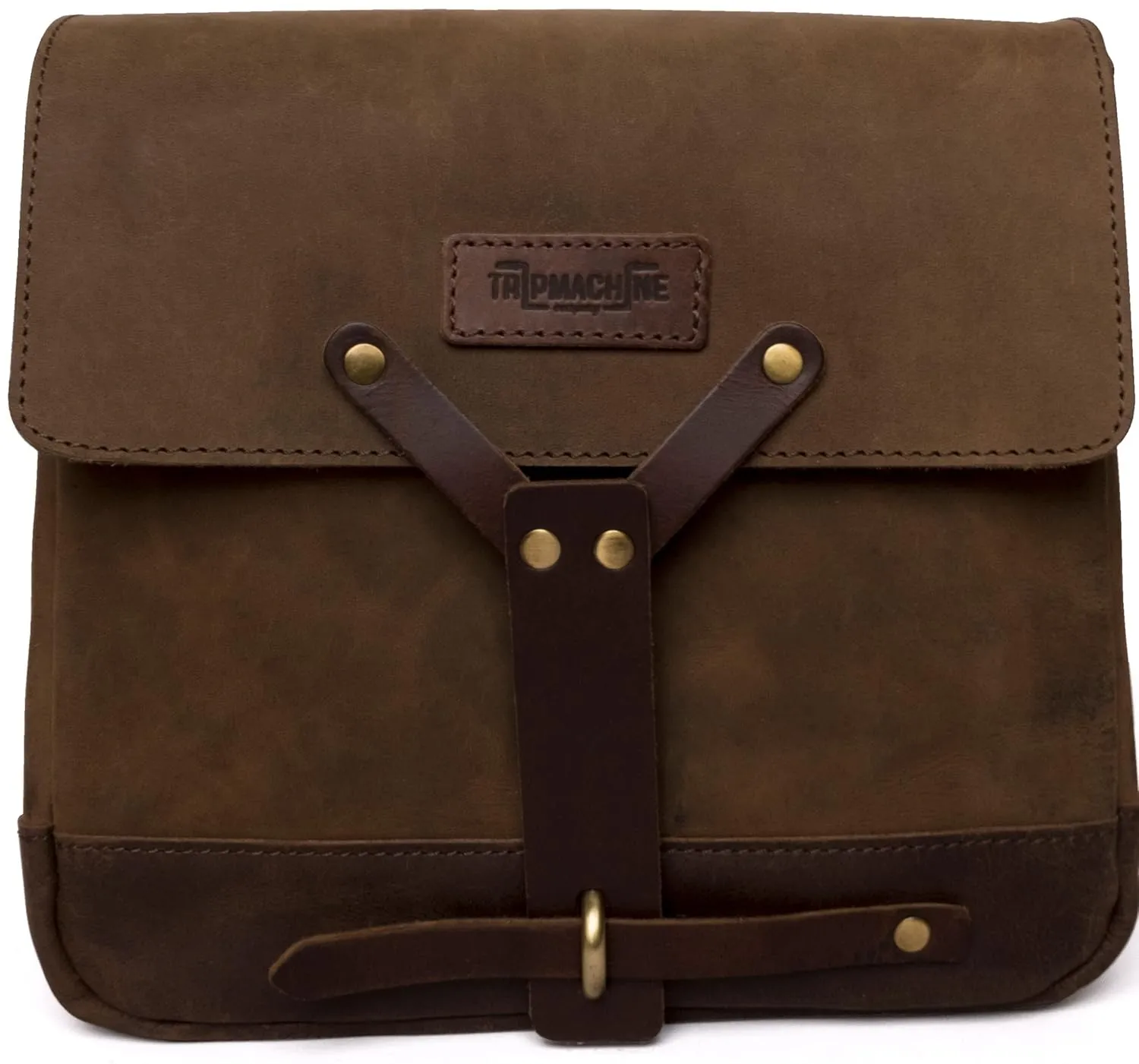 Trip Machine Company Genuine Leather Vintage Handmade Messenger Bag Cross Body Adjustable Shoulder Strap Satchel Motorcycle Mount Pannier - Dark Brown 10"