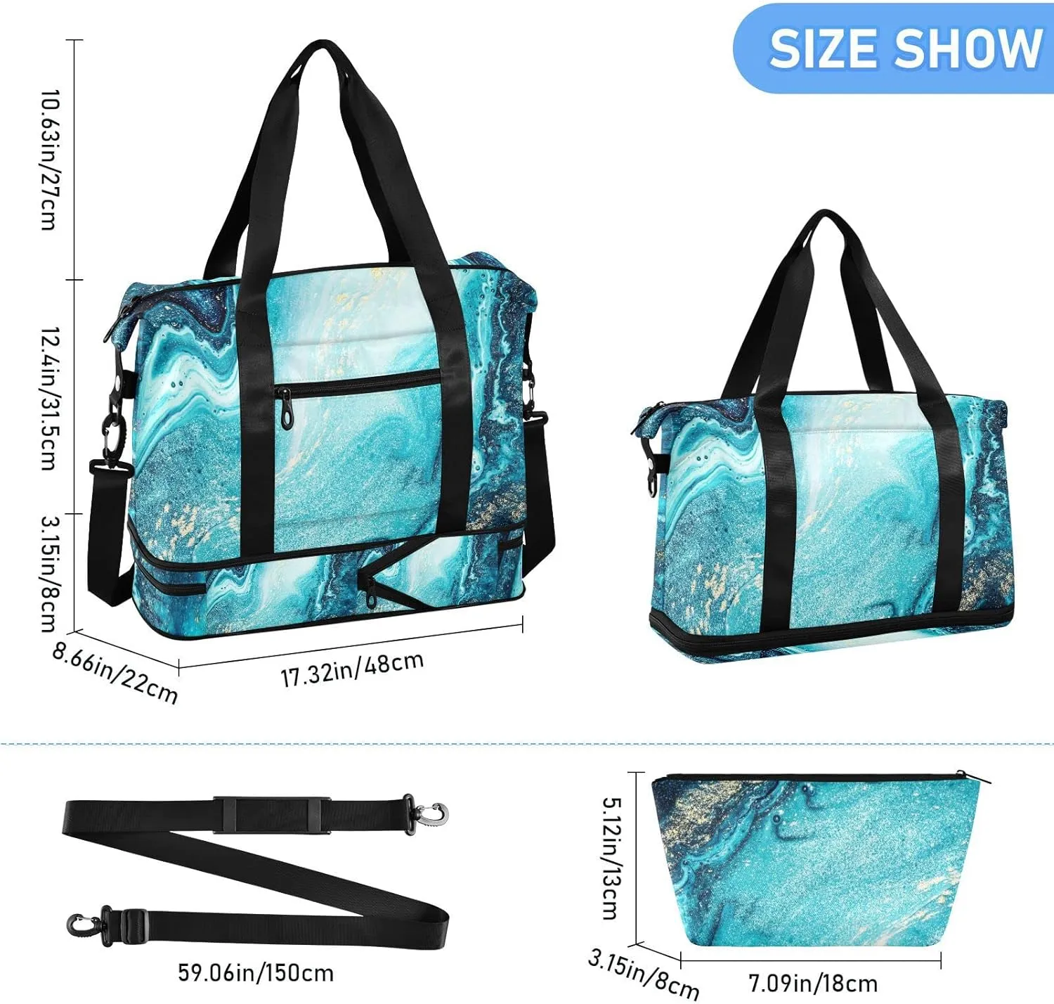 Turquoise Paint Abstract Marine Art Luxury Marble Agate Ripples Foldable Travel Bag, Camping Luggage bag, Portable Gym Bag, Sports Bag, Toiletry Bag with Handles Adjustable Shoulder Strap