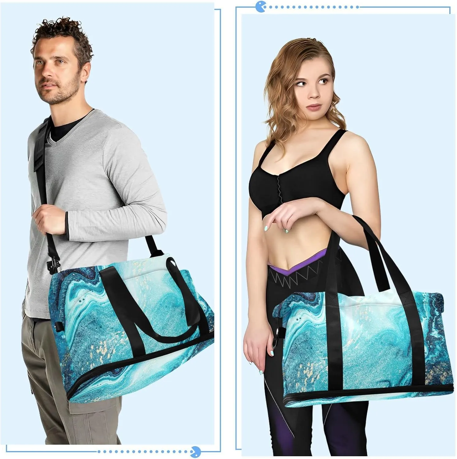 Turquoise Paint Abstract Marine Art Luxury Marble Agate Ripples Foldable Travel Bag, Camping Luggage bag, Portable Gym Bag, Sports Bag, Toiletry Bag with Handles Adjustable Shoulder Strap