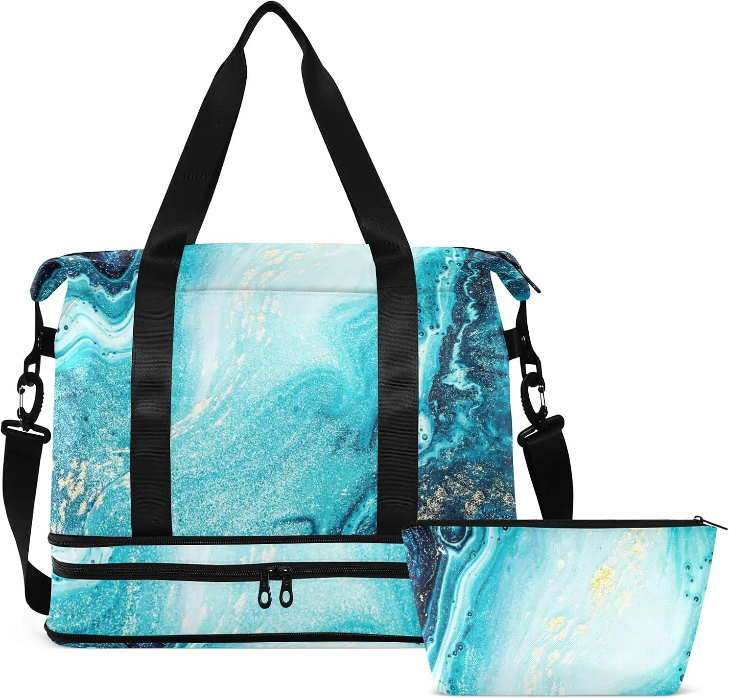 Turquoise Paint Abstract Marine Art Luxury Marble Agate Ripples Foldable Travel Bag, Camping Luggage bag, Portable Gym Bag, Sports Bag, Toiletry Bag with Handles Adjustable Shoulder Strap