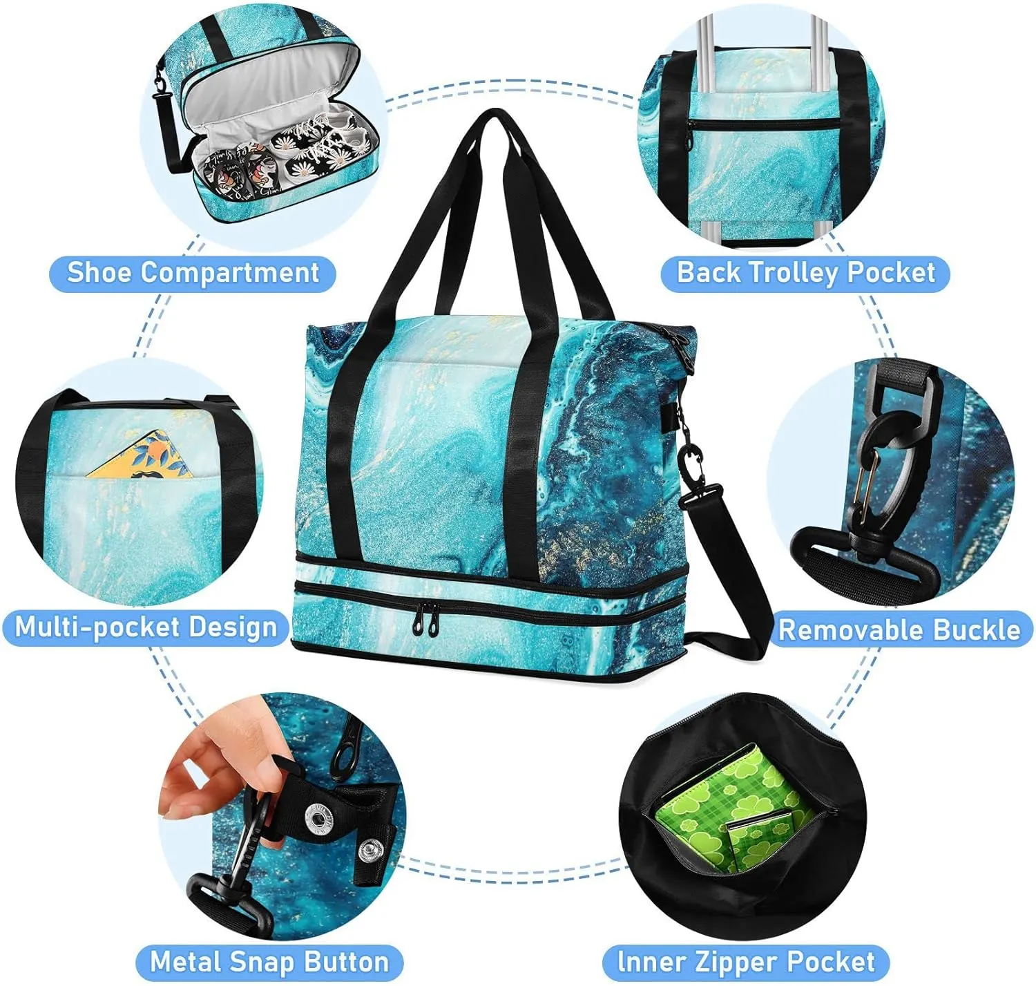 Turquoise Paint Abstract Marine Art Luxury Marble Agate Ripples Foldable Travel Bag, Camping Luggage bag, Portable Gym Bag, Sports Bag, Toiletry Bag with Handles Adjustable Shoulder Strap