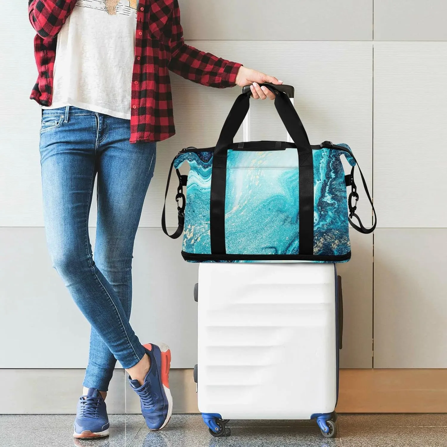 Turquoise Paint Abstract Marine Art Luxury Marble Agate Ripples Foldable Travel Bag, Camping Luggage bag, Portable Gym Bag, Sports Bag, Toiletry Bag with Handles Adjustable Shoulder Strap