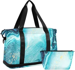 Turquoise Paint Abstract Marine Art Luxury Marble Agate Ripples Foldable Travel Bag, Camping Luggage bag, Portable Gym Bag, Sports Bag, Toiletry Bag with Handles Adjustable Shoulder Strap