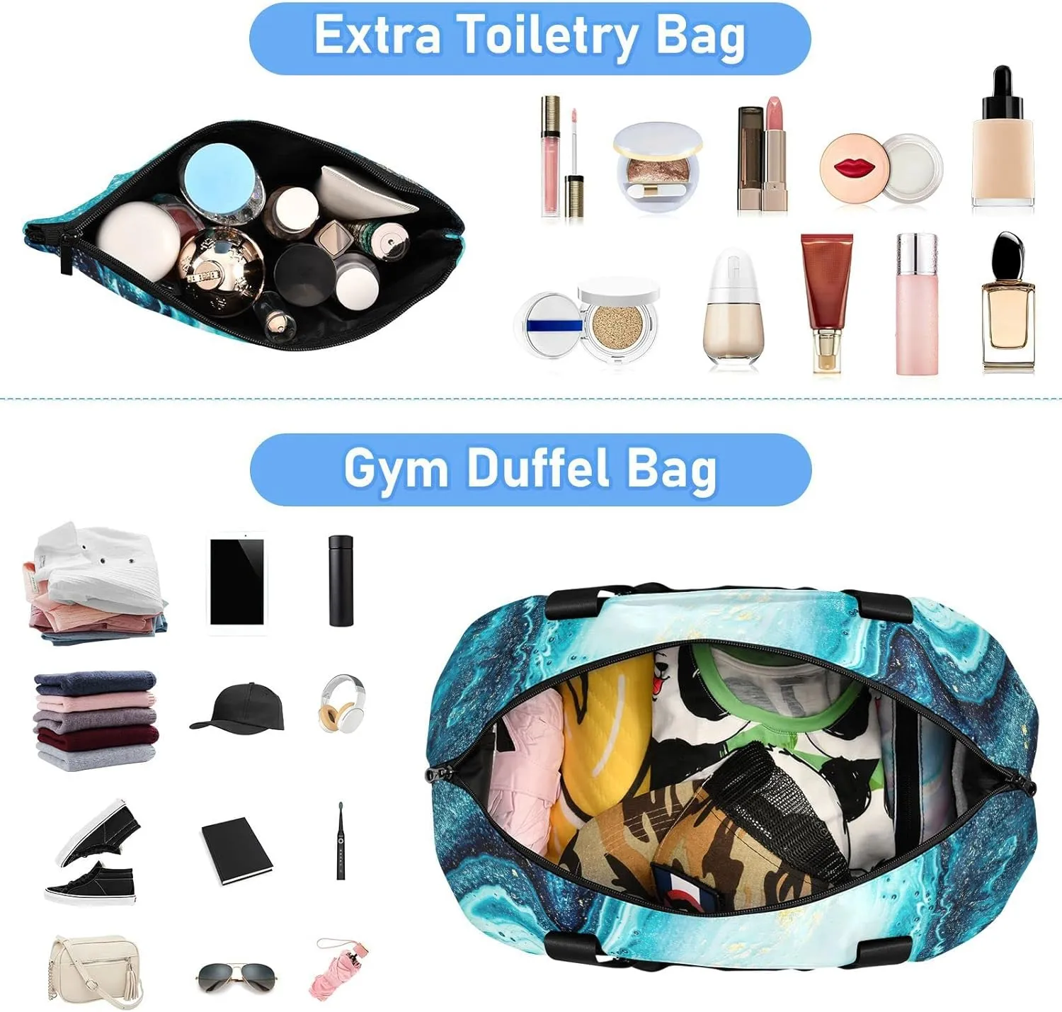 Turquoise Paint Abstract Marine Art Luxury Marble Agate Ripples Foldable Travel Bag, Camping Luggage bag, Portable Gym Bag, Sports Bag, Toiletry Bag with Handles Adjustable Shoulder Strap