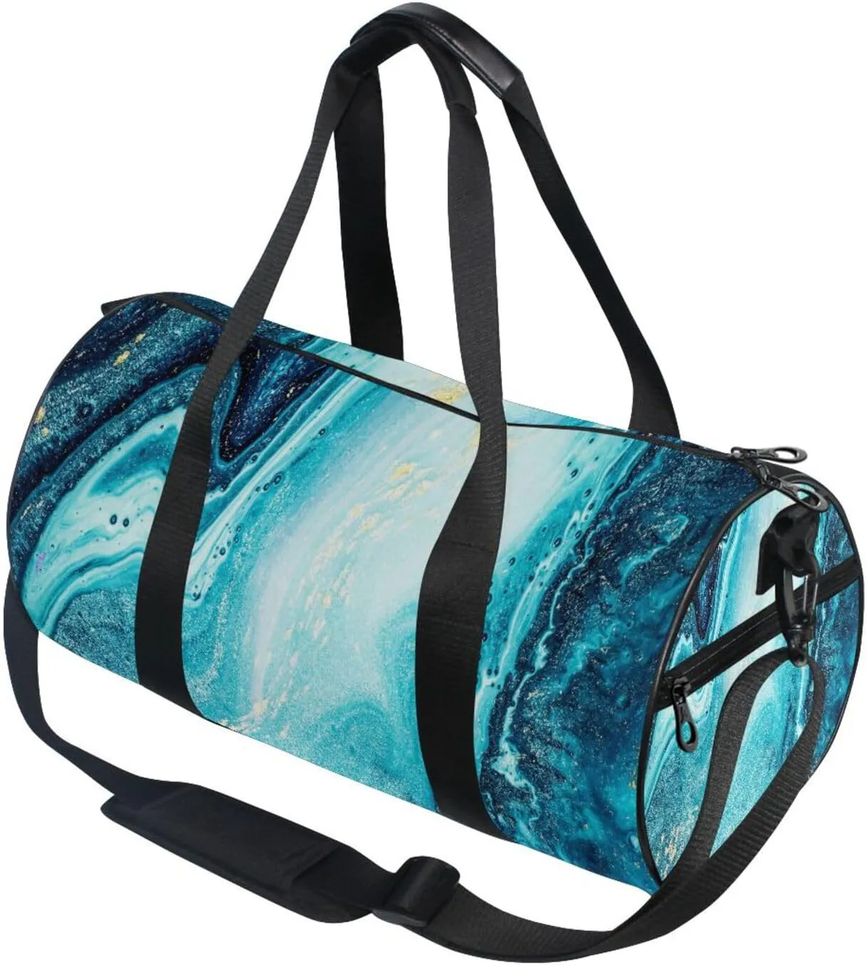 Turquoise Paint Abstract Marine Art Luxury Marble Agate Ripples Portable Gym Bag, Travel Bag, Luggage bag, Sports Bag, Toiletry Bag with Handles, Detachable Shoulder Strap 17.6 x 9 x 9 inch