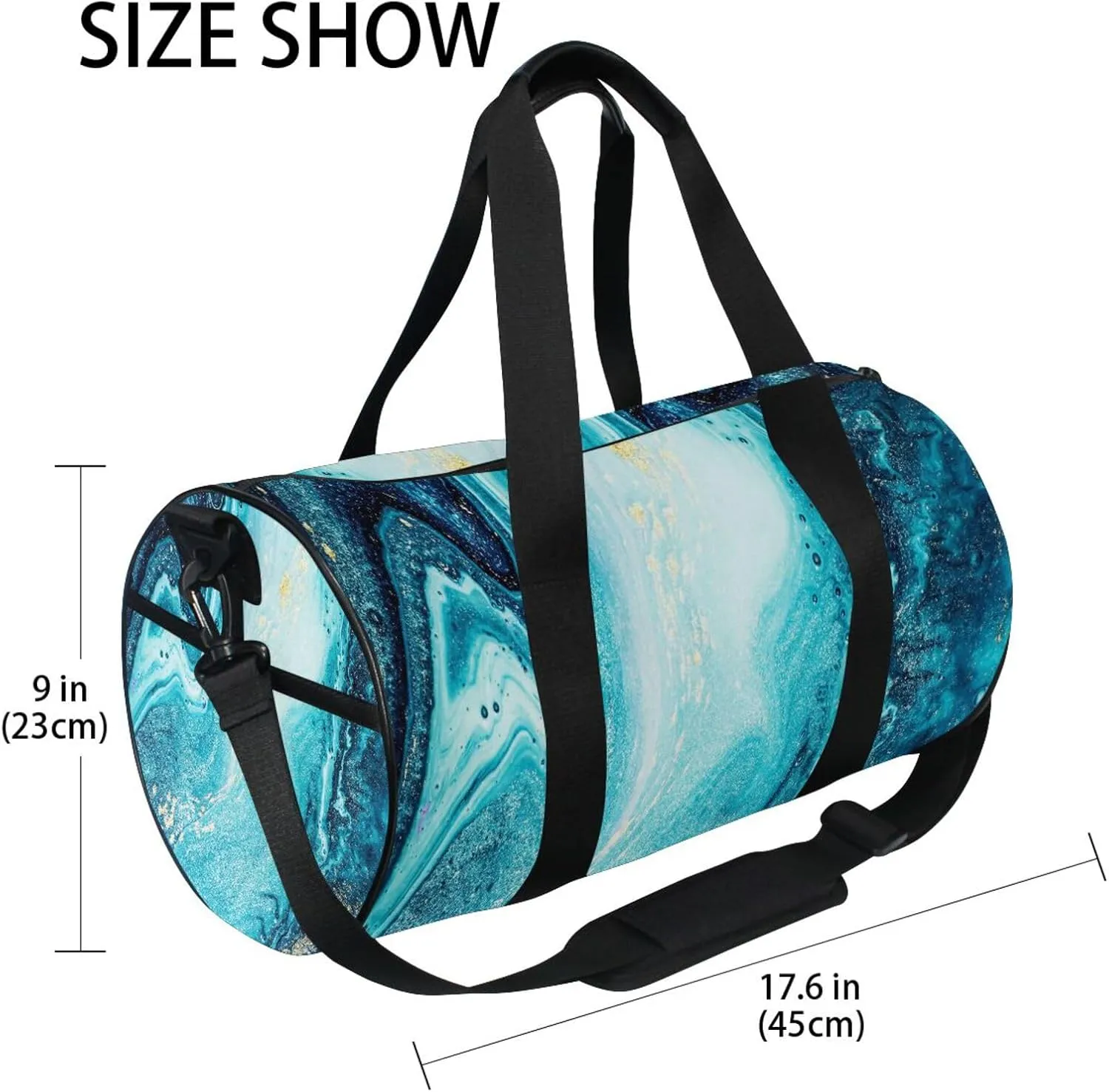 Turquoise Paint Abstract Marine Art Luxury Marble Agate Ripples Portable Gym Bag, Travel Bag, Luggage bag, Sports Bag, Toiletry Bag with Handles, Detachable Shoulder Strap 17.6 x 9 x 9 inch