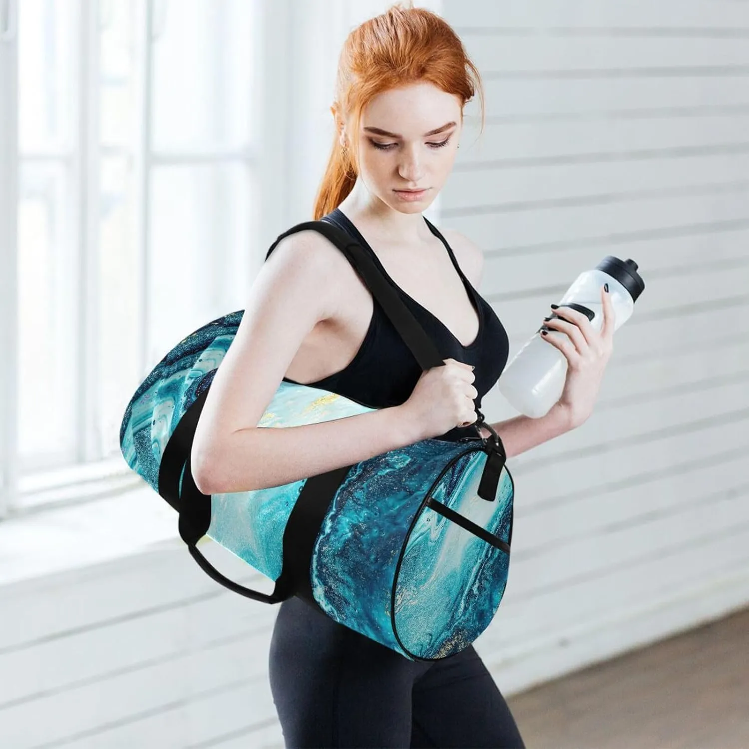 Turquoise Paint Abstract Marine Art Luxury Marble Agate Ripples Portable Gym Bag, Travel Bag, Luggage bag, Sports Bag, Toiletry Bag with Handles, Detachable Shoulder Strap 17.6 x 9 x 9 inch