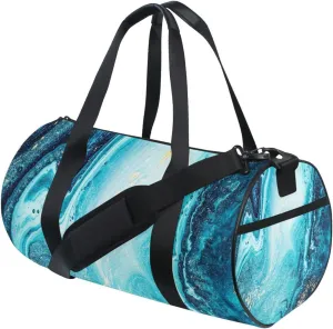 Turquoise Paint Abstract Marine Art Luxury Marble Agate Ripples Portable Gym Bag, Travel Bag, Luggage bag, Sports Bag, Toiletry Bag with Handles, Detachable Shoulder Strap 17.6 x 9 x 9 inch